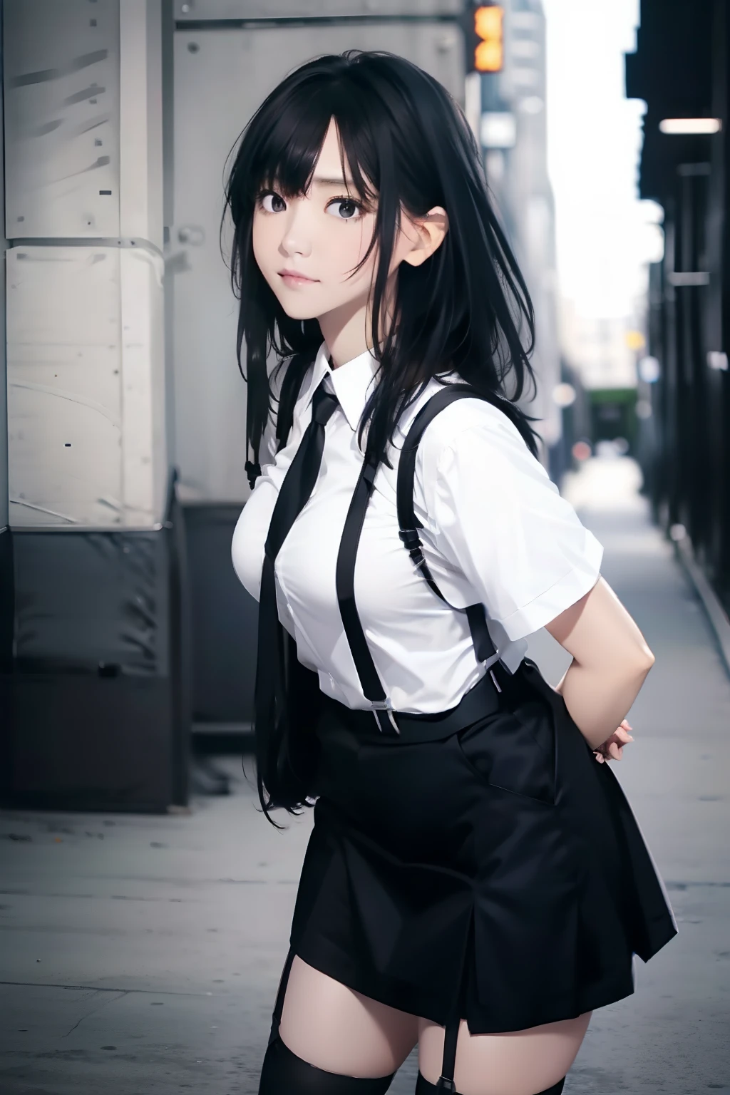 a black skirt, neck tie, Cutter shirt suspenders, Long Black Hair, Gray eyes, holster, Garter belt on the legs, , Big breasts, Pichi Pichi clothes, both sides deadpan Behind