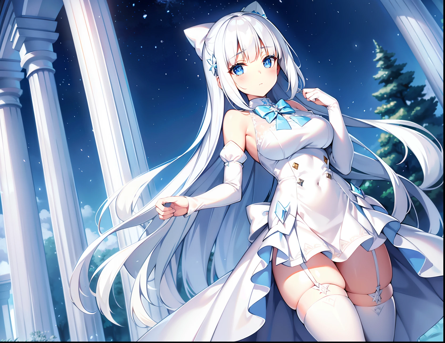 Light blue eyes，Princess cut，whaite hair，White thigh boots，White Gothololita，White over-the-knee stockings，white bows，Full body like，sweeping bangs，half closed eyes，Long white scarf，ln the forest，Night，at winter season，tmasterpiece，4K，Award-winning photos，extremely detaile，finely detailled，Highly detailed woman，teens girl，Extremely detailed eyes and face，standing on your feet