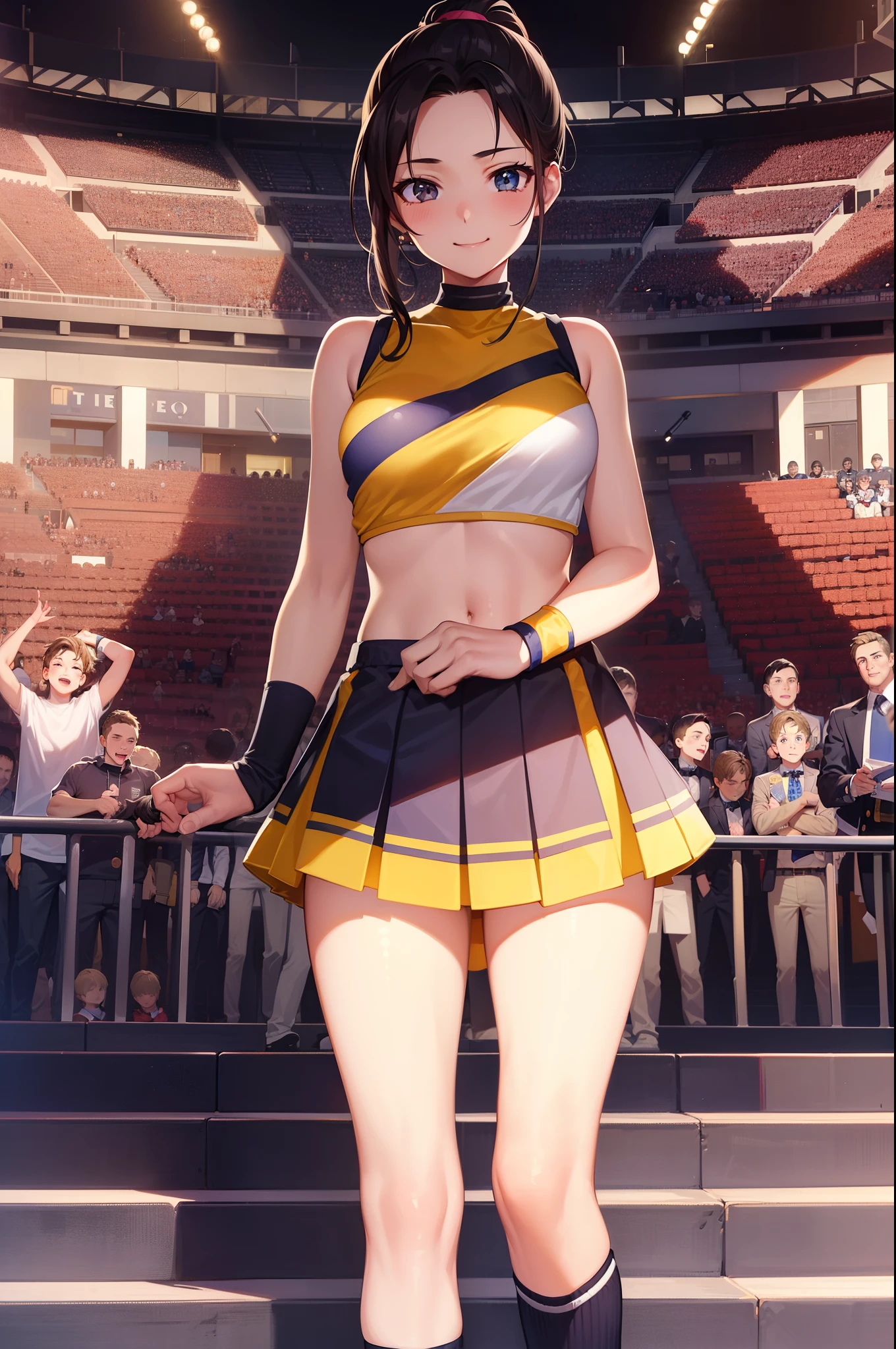 1girl,cheerleader,background,(4+boys:1.5),masuterpiece,Best Quality,High resolution,Ulta High Definition,top quality,very detailed,professional lighting,top quality,spectator seats,Packed auditorium,forehead,cheerful and bright smile,ponytail,baseball stadium,stairs