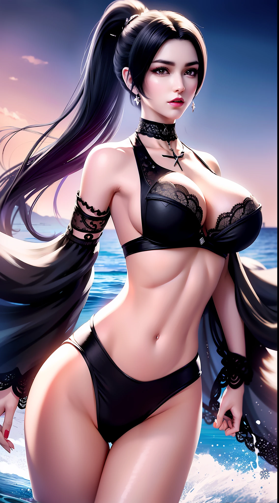 A girl,black color hair,short detailed hair,High ponytail,Big bright eyes,large ear,The nose is high,lipsticks,prette,adolable,Raised sexy,Wear lace bikinis in various colors,huge tit,Splash in the water,having fun,perfect bodies,best qualtiy,best illuminate,Highest high resolution,16K,The clearest picture,Intricate detailing,RAW color photo
