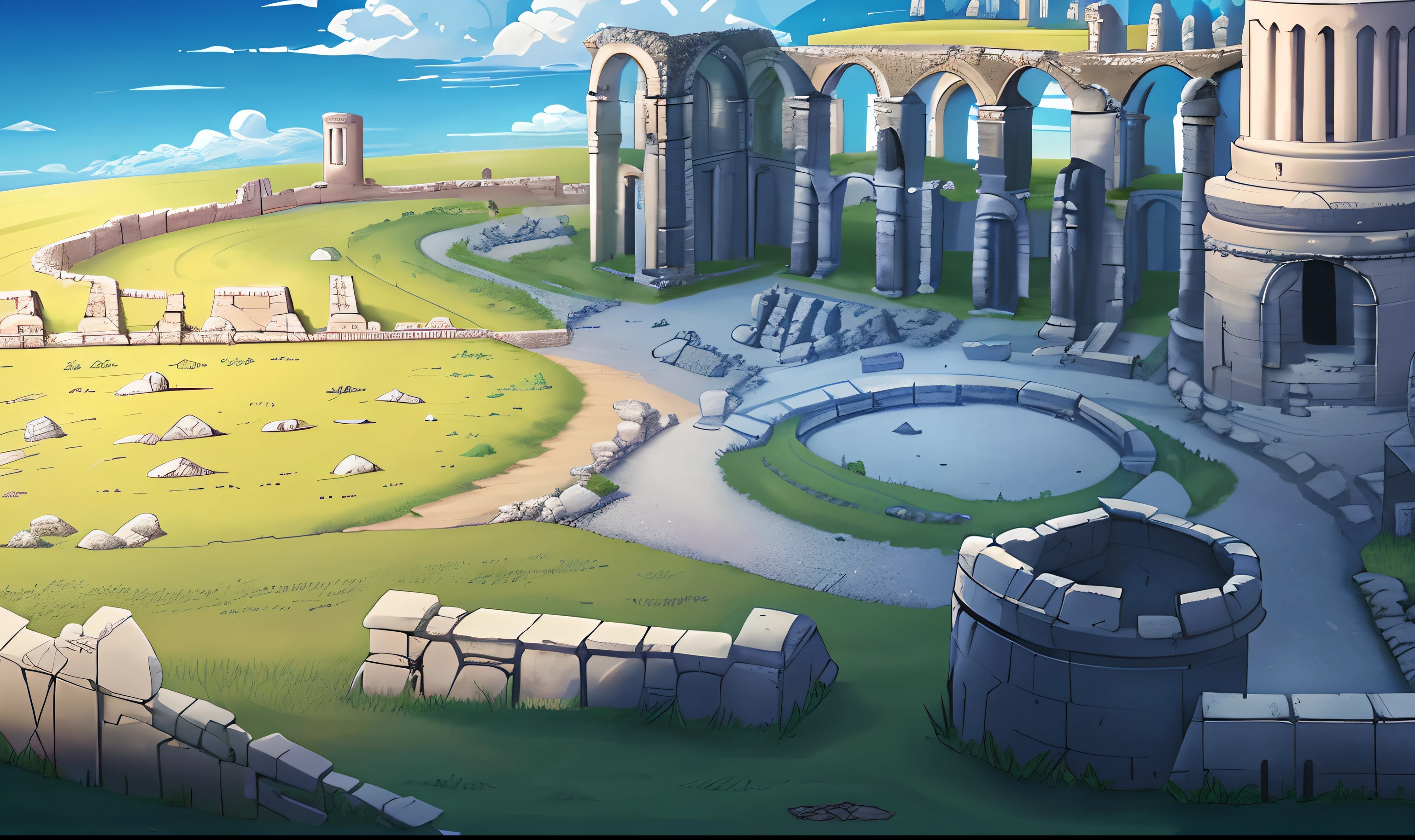 There is a cartoon picture of a stone road with a stone arch, ancient ruins background, odin's stone arena background, arena background, city ruins background, background is the ruins, ruins landscape, arte de fundo, Mobile game background, ruins on the background, background artwork, Ancient ruins, ancient ruins in the background, atlantis background, palace background, Temple background
