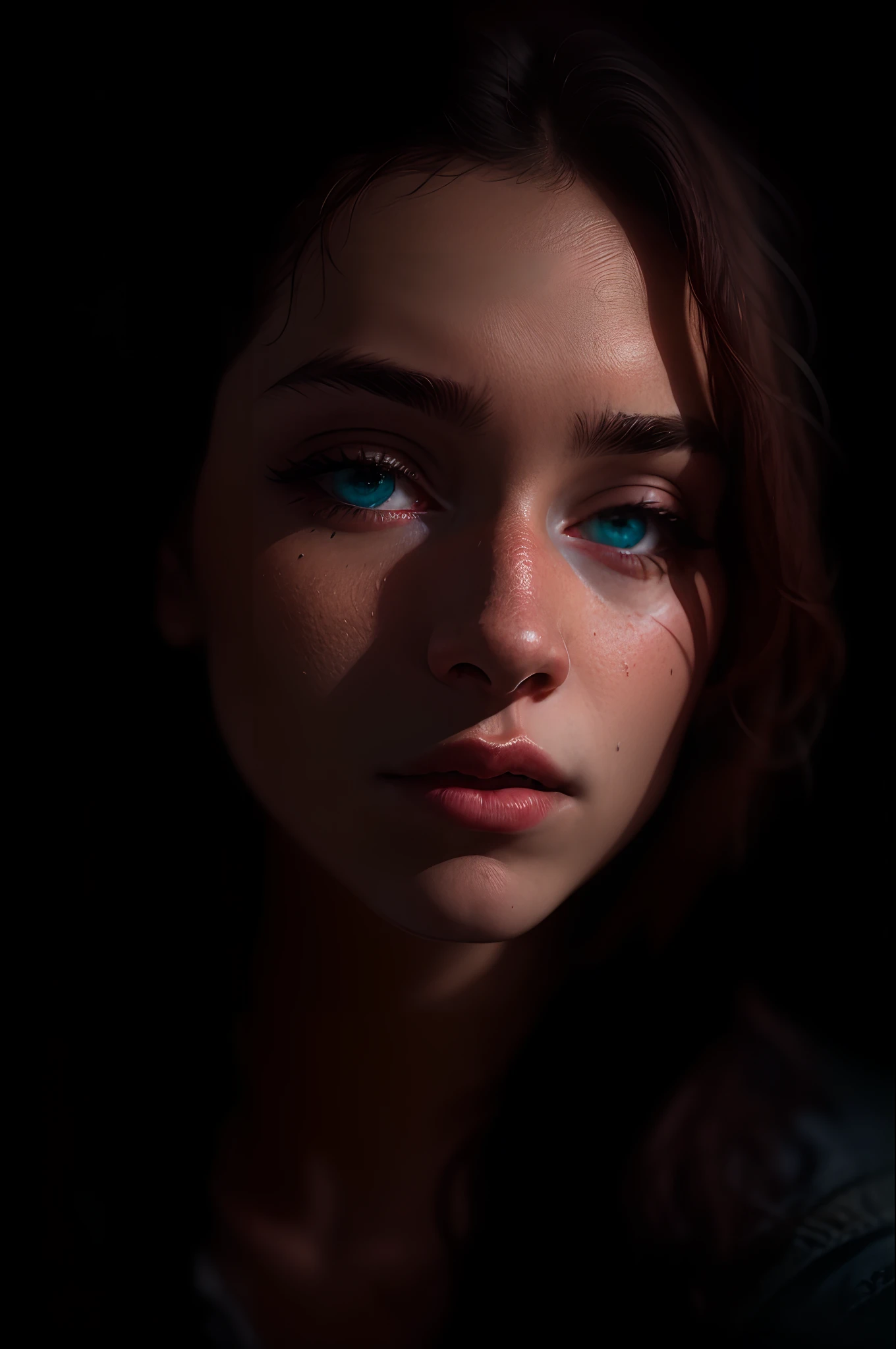 (close-up, editorial photograph of a 21 year old woman), (extra detailed face:1.4) (smil:0.7) (dark backgrounds, Moody, Personal study:1.3) POV, supervision: by lee jeffries, Nikon D850 |, Film Stock Photo ,4 Kodak Portra 400 ,Camera F1.6 Lenses ,richly colored ,Hyper realistic ,Realistic texture, Dramatic Lighting , cinestill 800,