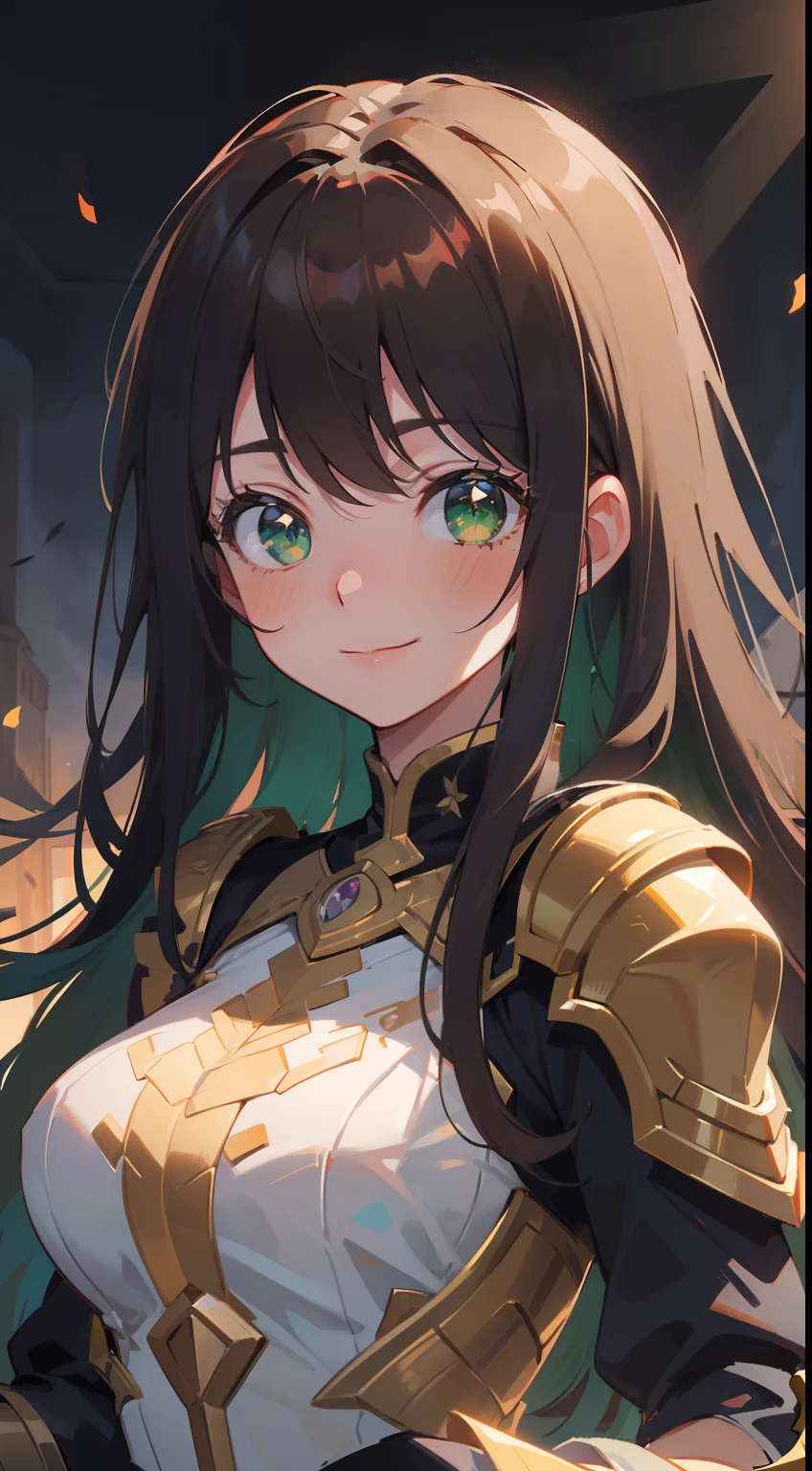 (masterpiece), (best quality), ultra high res, sharp focus, ((1 woman, solo)), upper body, beautiful detailed hair, chestnut brown hair, long hair flowing up, beautiful detailed face, ((beautiful shape eyes, green eyes)), perfect feminine face, comfortable face, look athe viewer, smile calmly, in the great darkness war, feminine armor suit, holding sword on hand
