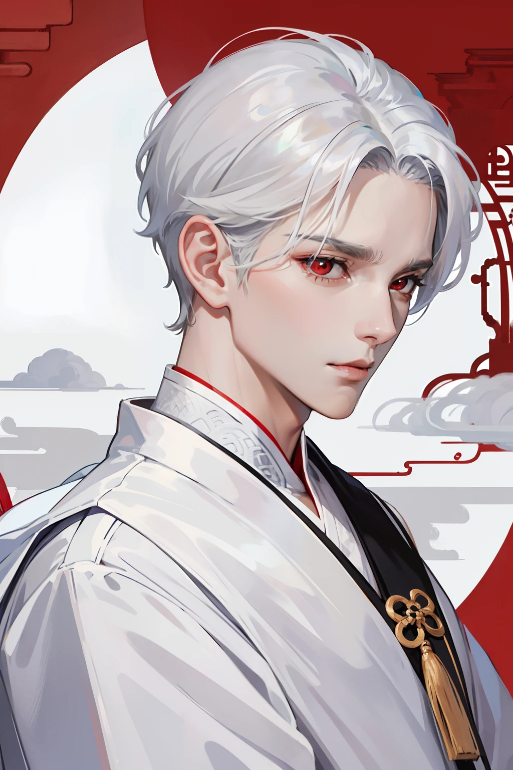 1male people,Silvery hair,Neat short hair,Simple silk robe in plain white style in ancient Chinese style,Red eyes,The identity is immortal,Righteous and innocent temperament,Childish feelings,facial closeups,The background is a sea of clouds