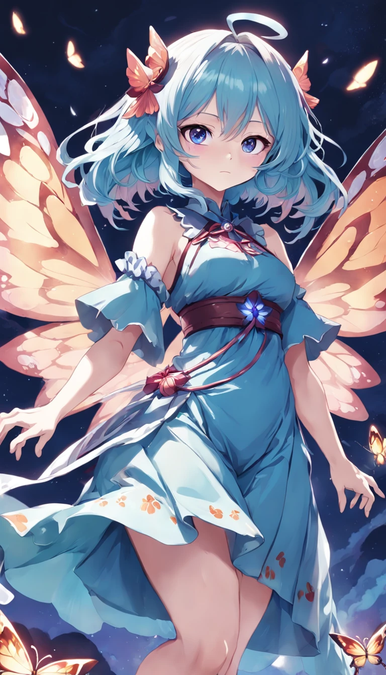 Una mujer con un vestido azul con alas de mariposa, Chica entrenadora de insectos, Desde Touhou, Personaje de Touhou, Hada astral, Fanart de Demon Slayer Rui, Tiene membranas iridiscentes, Hermoso Mago Celestial, Anime Moe Artstyle, lunar themed attire, Ilustraciones oficiales, Demon Slayer Artstyle, Fanart oficial, Personaje de anime; Arte de cuerpo completo, detallado, hiper realista, hiper detallado