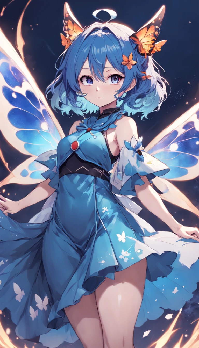 Una mujer con un vestido azul con alas de mariposa, Chica entrenadora de insectos, Desde Touhou, Personaje de Touhou, Hada astral, Fanart de Demon Slayer Rui, Tiene membranas iridiscentes, Hermoso Mago Celestial, Anime Moe Artstyle, lunar themed attire, Ilustraciones oficiales, Demon Slayer Artstyle, Fanart oficial, Personaje de anime; Arte de cuerpo completo, detallado, hiper realista, hiper detallado