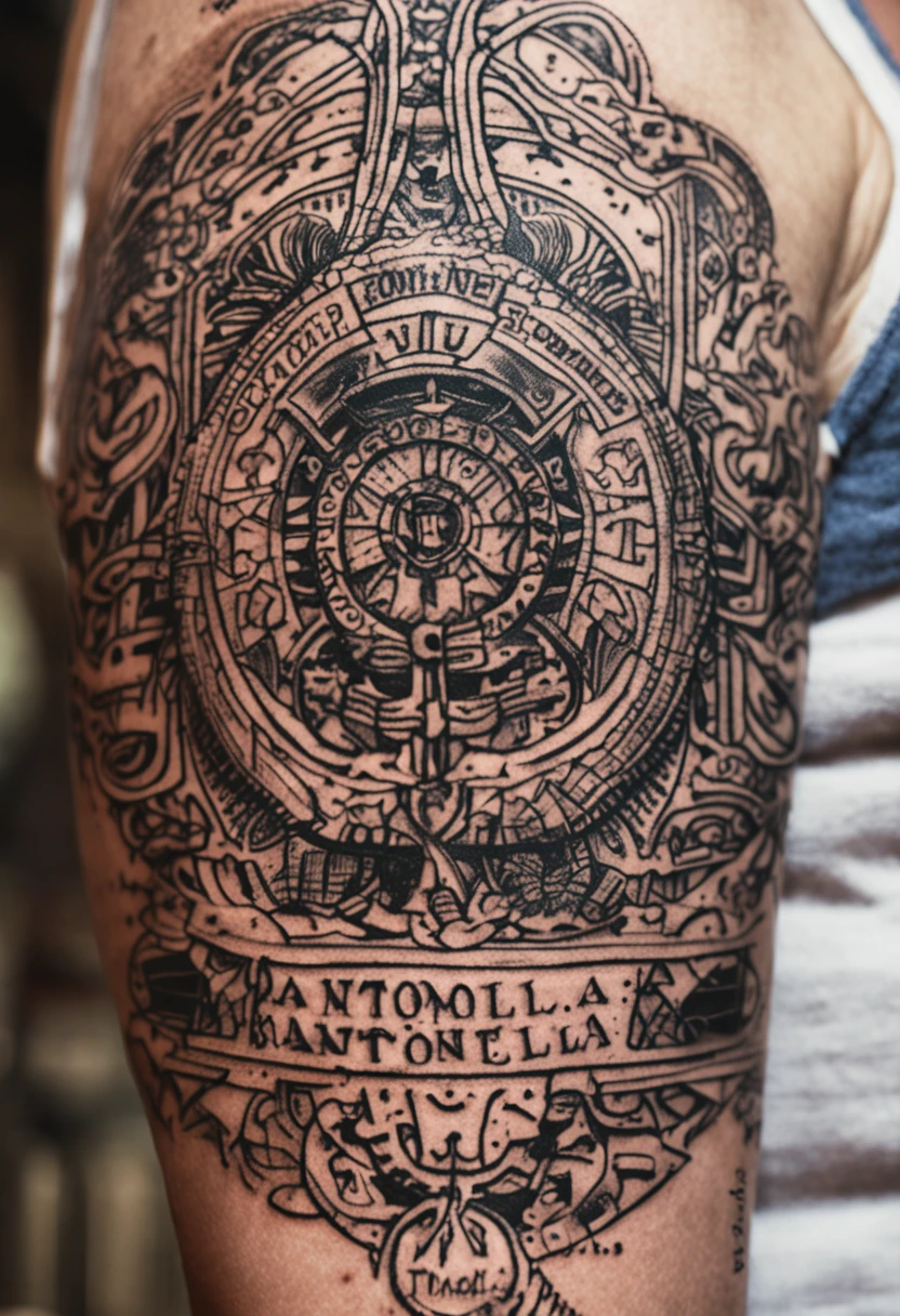 tatuaje de nombre antonella y fondo de circuito en antebrazo derecho