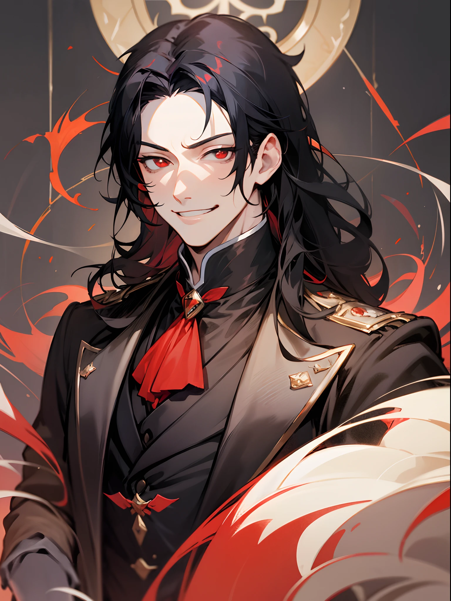 tmasterpiece, beste-Qualit, 1boy, aristocrat, portraite of a, upper-body, tailcoat, hairlong, black hair, smirk, red pupils, bloods, insane