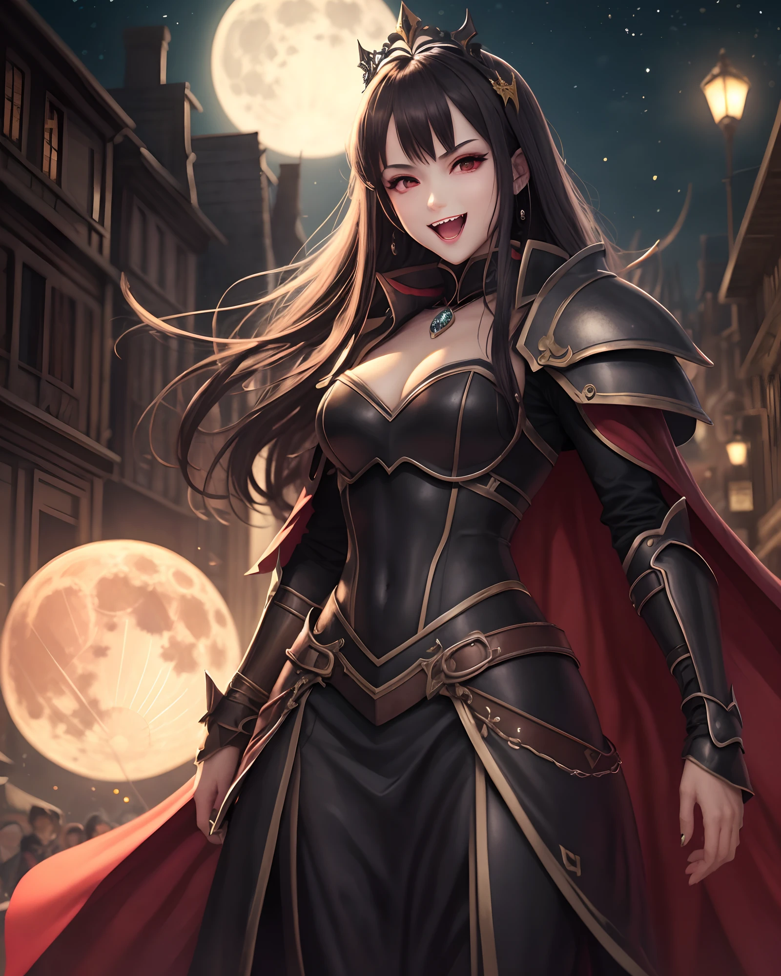 Royal Knight:1.3, (masterpiece, best quality:1.37), super detail:1.37, super sharp:1.37, anime style, Illustration of a female royal knight. A female royal knight wearing yellow royal knight armor and sunglasses. A female royal knight standing on the night street under the red full moon, charming grin, open mouth, vampire teeth, vampire fangs, vampire fashion style, looking at people see,