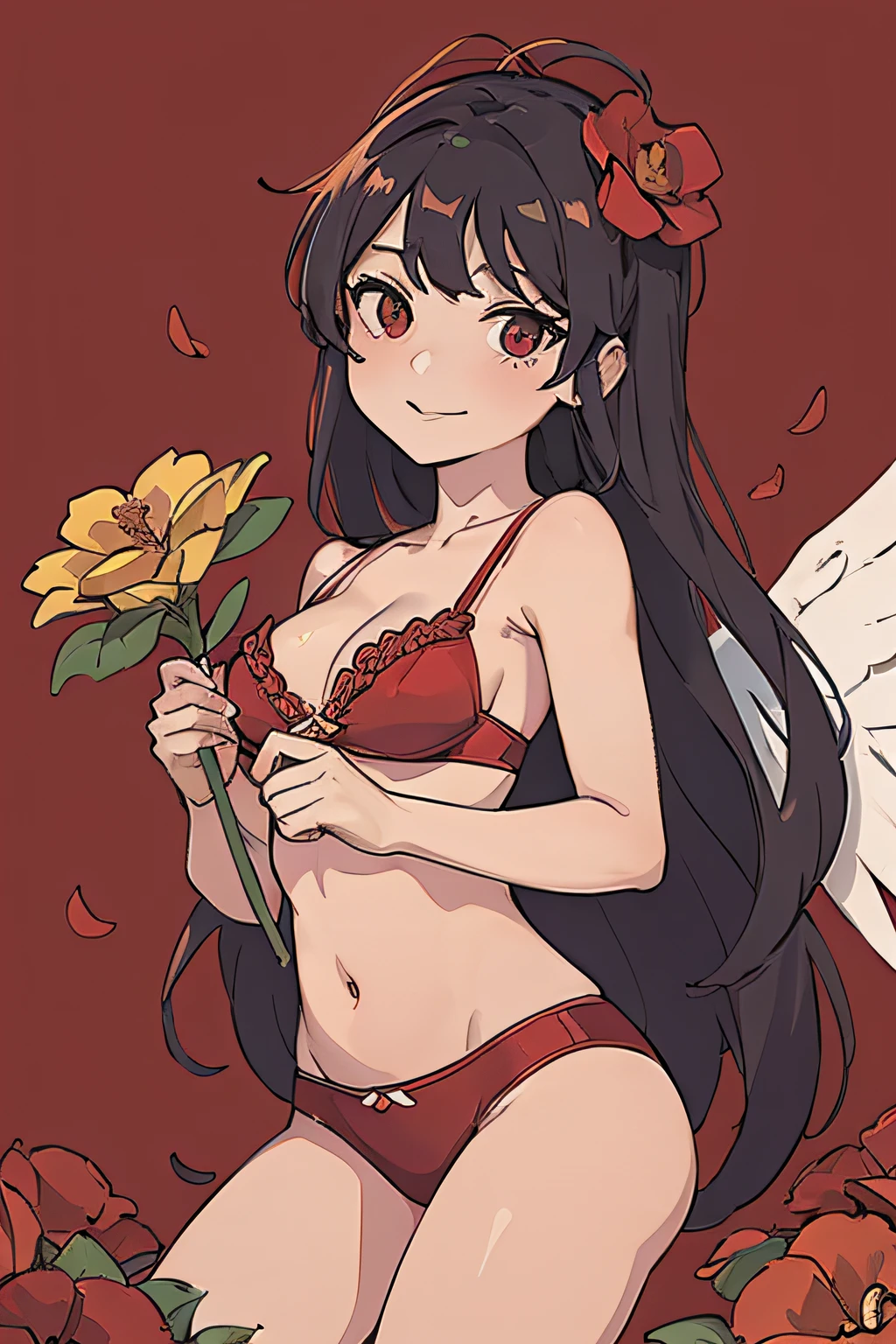 anime girl in red bikini holding a flower and a white angel, marin kitagawa fanart, anime moe artstyle, rin tohsaka, seductive anime girl, official artwork, , official art, mai yoneyama, anime goddess, hana yata, senna from league of legends, by Kose Kanaoka, nishimiya shouko, zerochan art