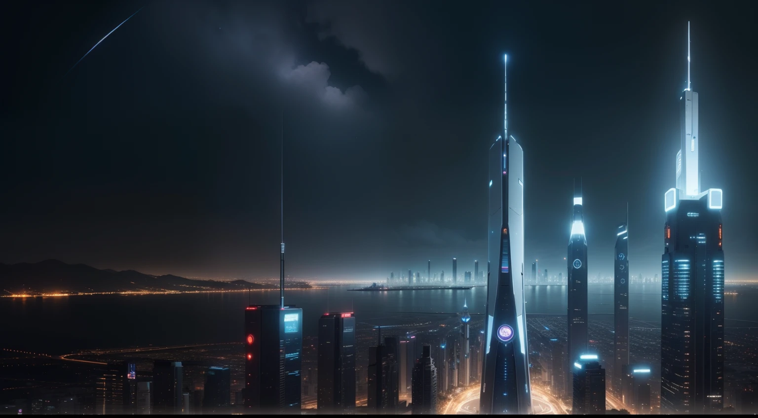 Foto de capa Facebook, futuro, noite, lua, cidade, futuristic buildings.