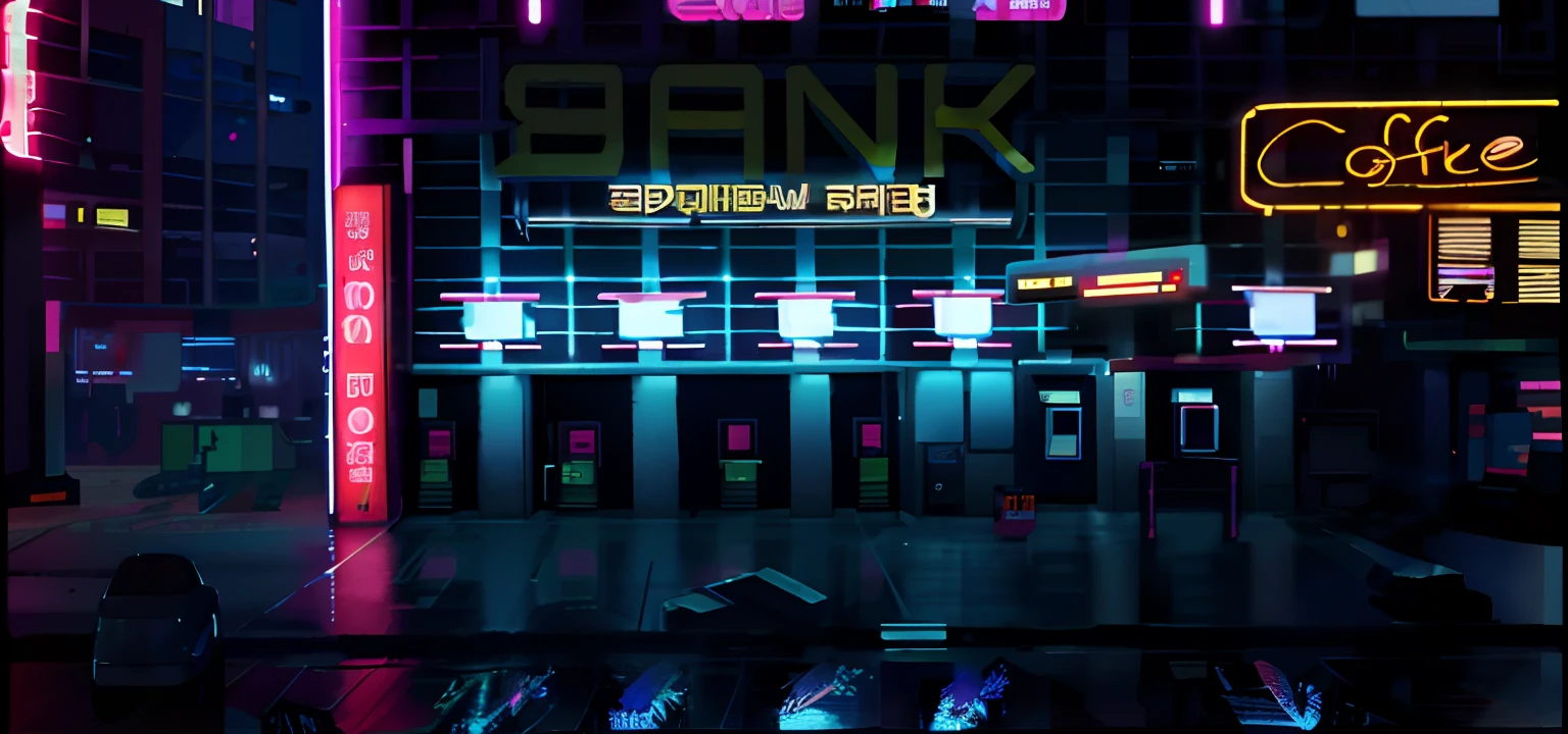 Neon lights are lit up in the dark city at night, set in cyberpunk bank vault, cyberpunk bus stop, theme is cyberpunk city market, cyberpunk ads, Set up inside the bank, Show on the《cyberpunk 2077》Curly, Cyberpunk neon, at cyberpunk city, In cyberpunk, cyberpunk nightclub, cyberpunk with neon lighting, style of cyberpunk 2 0 7 7, Cyberpunk Neon No one