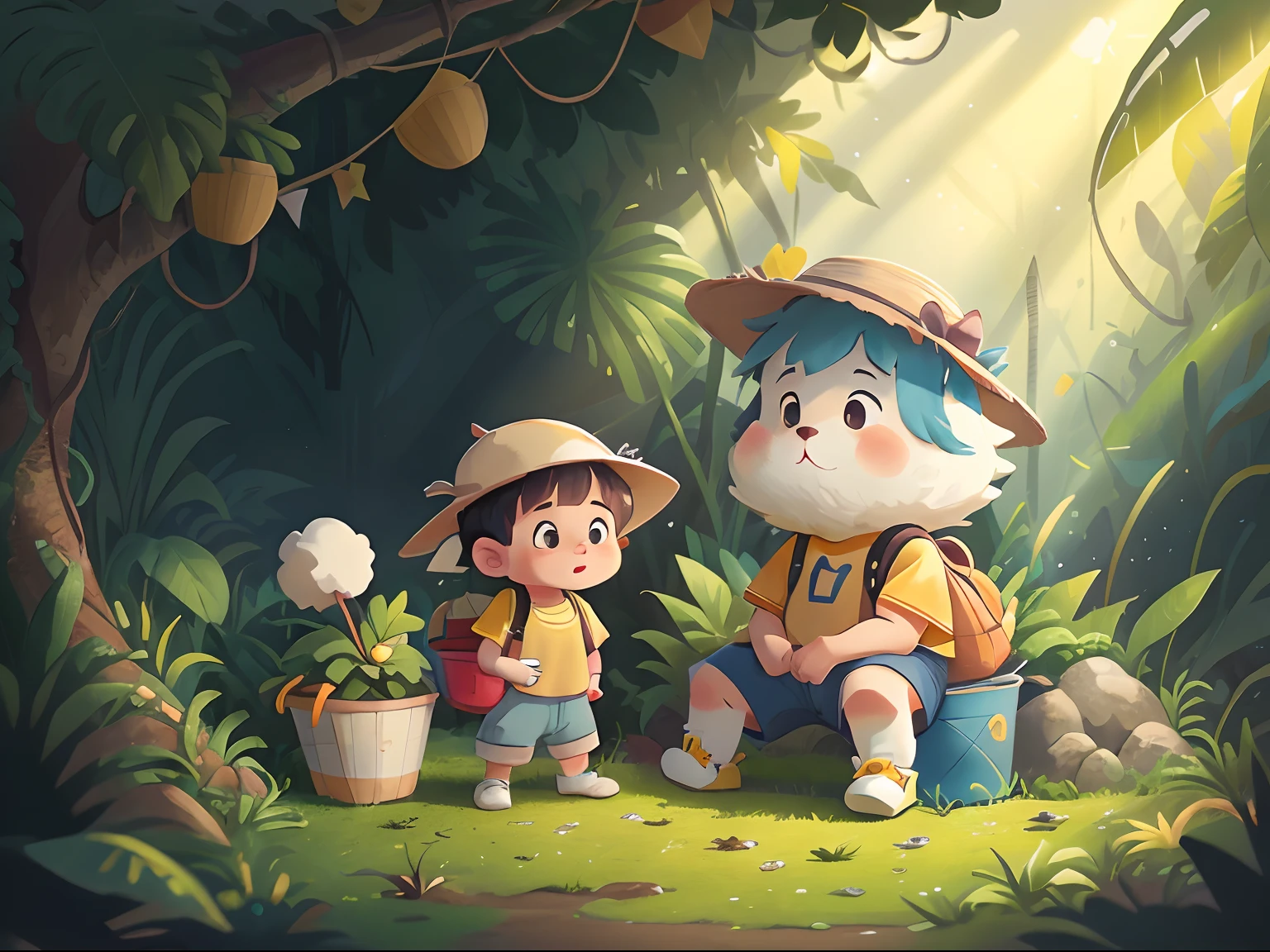 cute boy wearing yellow Bucket Hats , white shirt and blue shorts seating beside 2 big giant fluffy rabbit, in the fantasy jungle, cinematic,