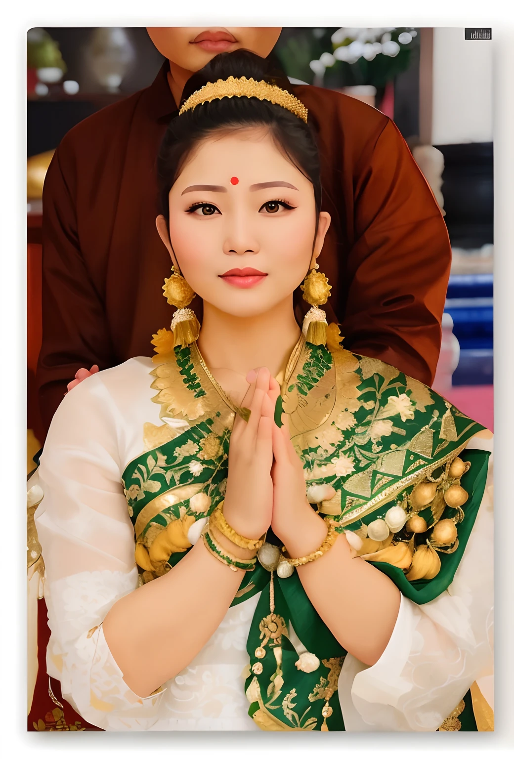 Thai woman in a green and gold outfit with a man in a brown jacket, sukhothai costume, traditional beauty, in style of thawan duchanee, wearing traditional garb, wearing authentic attire, laos, traditional dress, traditional tai costume, nivanh chanthara, south east asian with long, serene expression, traditional clothes