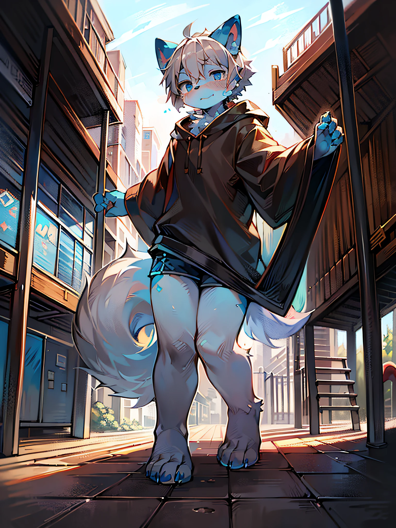 (Bright environment:0.8),Masterpiece,High quality,abstract res,Digital painting\(artwork of a\), by Dagasi, Yupa,Kiyosan,(anthro,Fluffy fur,Character focus:1.1),Wolf orcs,Short hair,Portrait , Bright eyes, Panoramic view, Character focus.(Detailed background:0.7), Solo, shaggy, Hairy male, Male focus, anthr,(Full body fur, Blue animal ears，Fluffy tail, White fur,Blue face shape, Blue eyes, Gray hair:1.2), (long canines、cloaks：1.2），（exterior、During the day、playground：1.1）