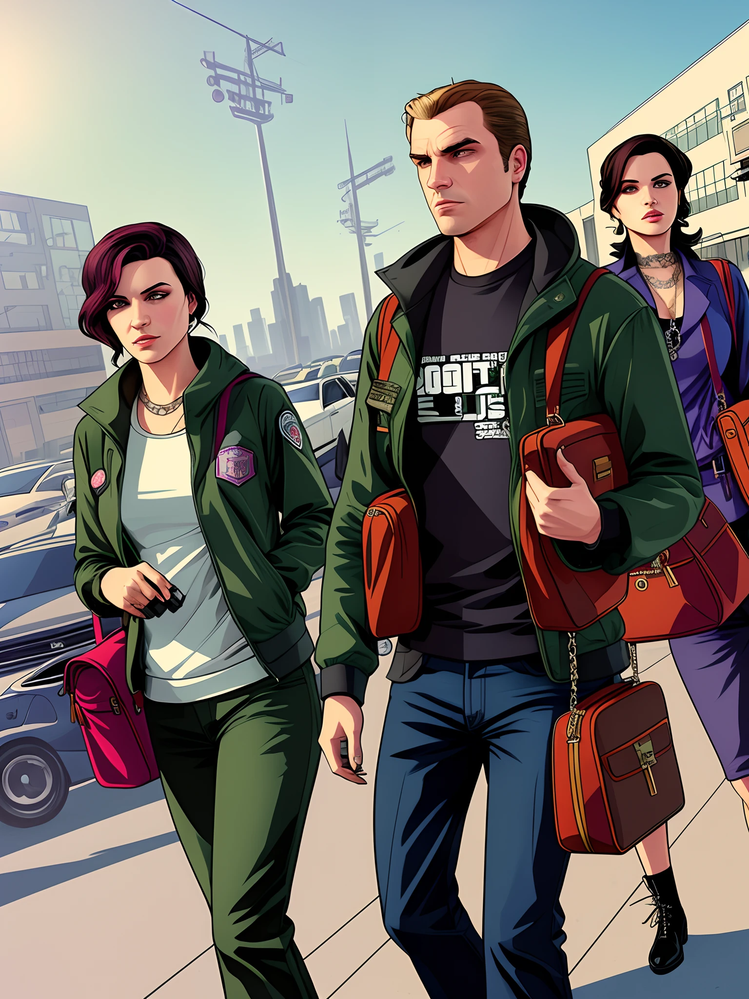 GTA 6 design, a women and men ((gangsters)) leaving the bank they just robed with bags full of money, duffle bags , guns, full color illustration realistic, award-winning illustration in color, (complicated detail), (fine detail)