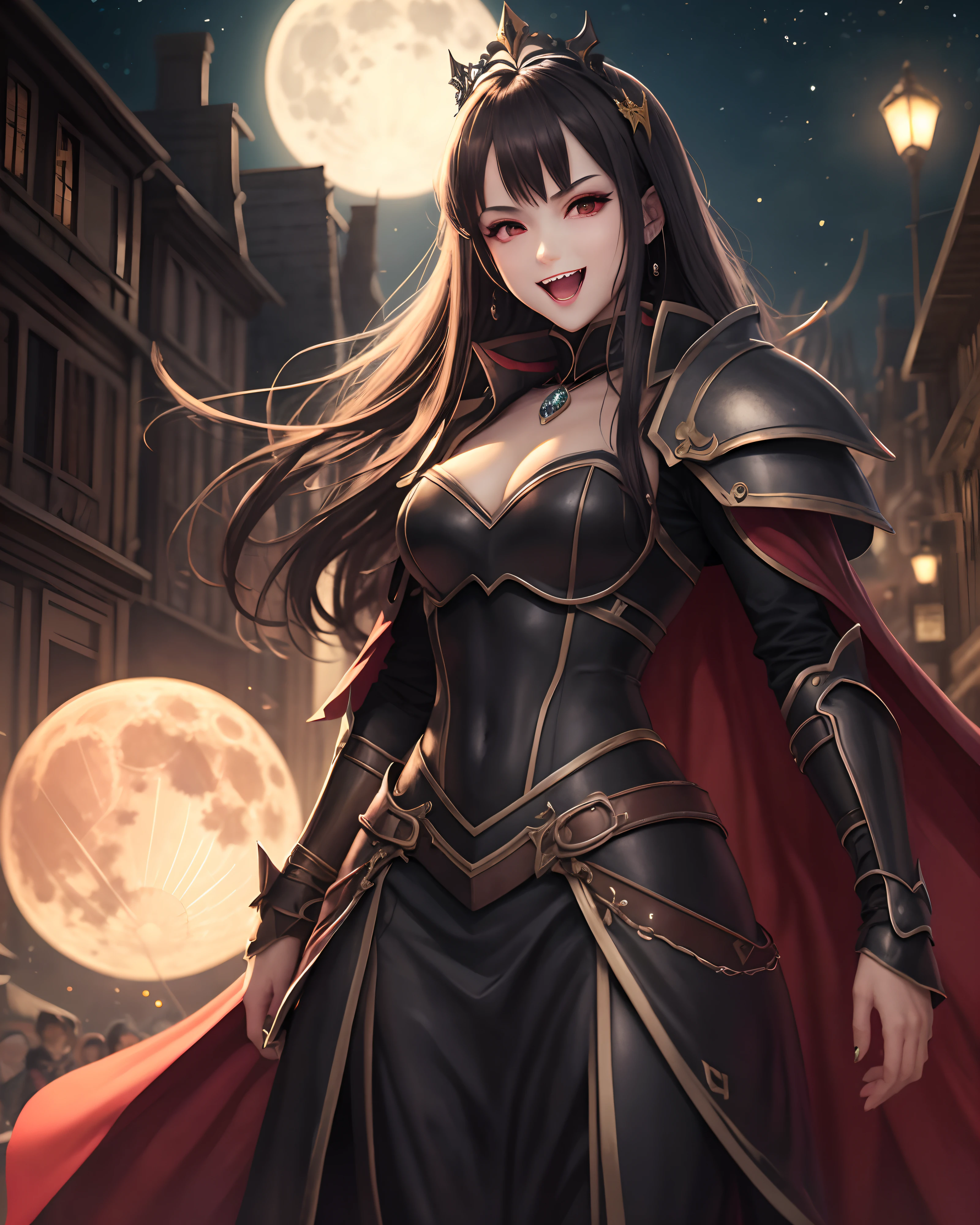 Royal Knight:1.3, (masterpiece, best quality:1.37), super detail:1.37, super sharp:1.37, anime style, Illustration of a female royal knight. A female royal knight wearing yellow royal knight armor and sunglasses. A female royal knight standing on the night street under the red full moon, charming grin, open mouth, vampire teeth, vampire fangs, vampire fashion style, looking at people see,