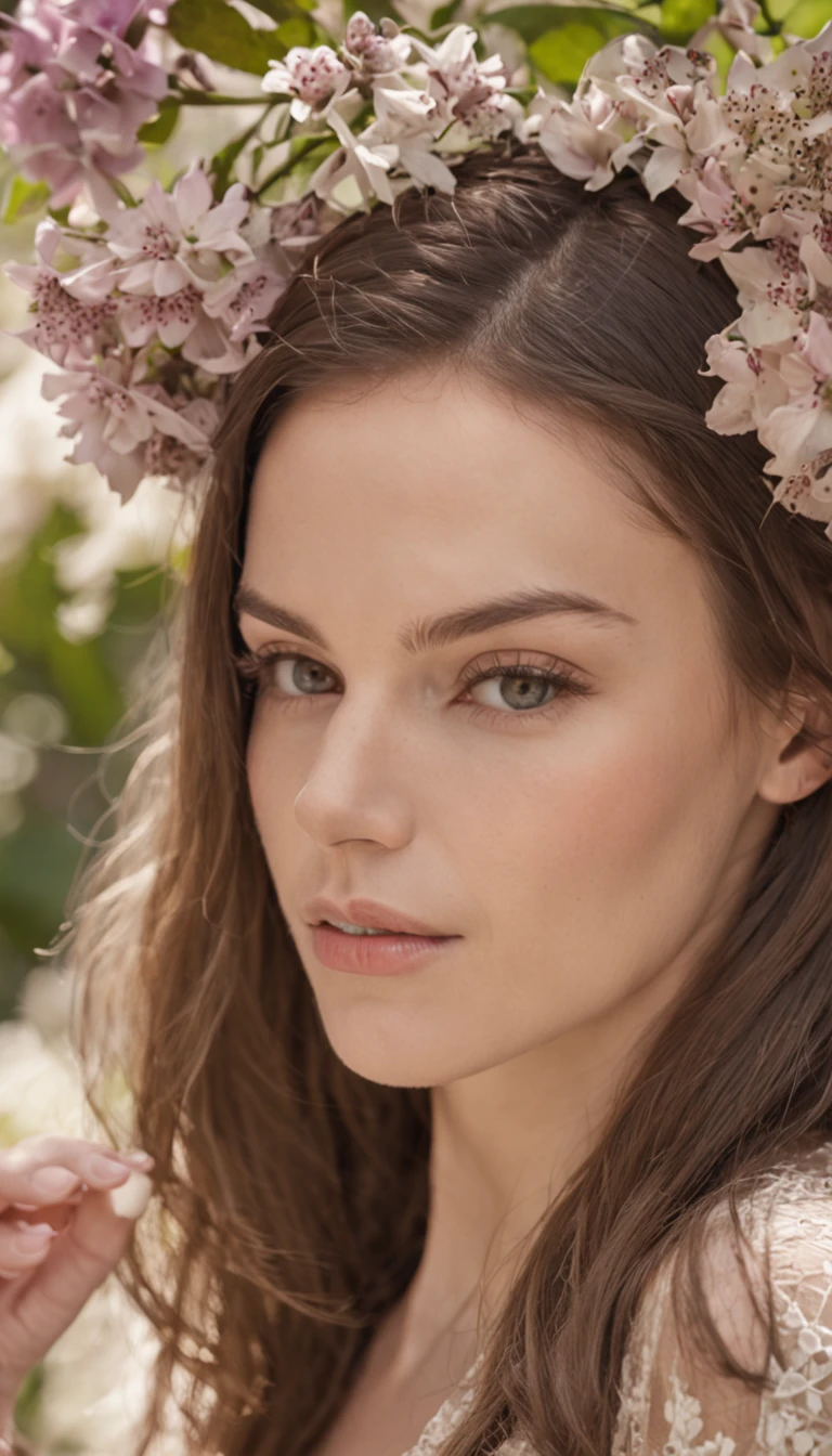 (uma mulher com beleza estonteante, Rodeado por flores de cravo vibrantes em um jardim tranquilo, seus cabelos fluindo em tons de preto, an exquisite composition that captures every detail, A mais alta qualidade, a breathtaking close-up of his flawless face)