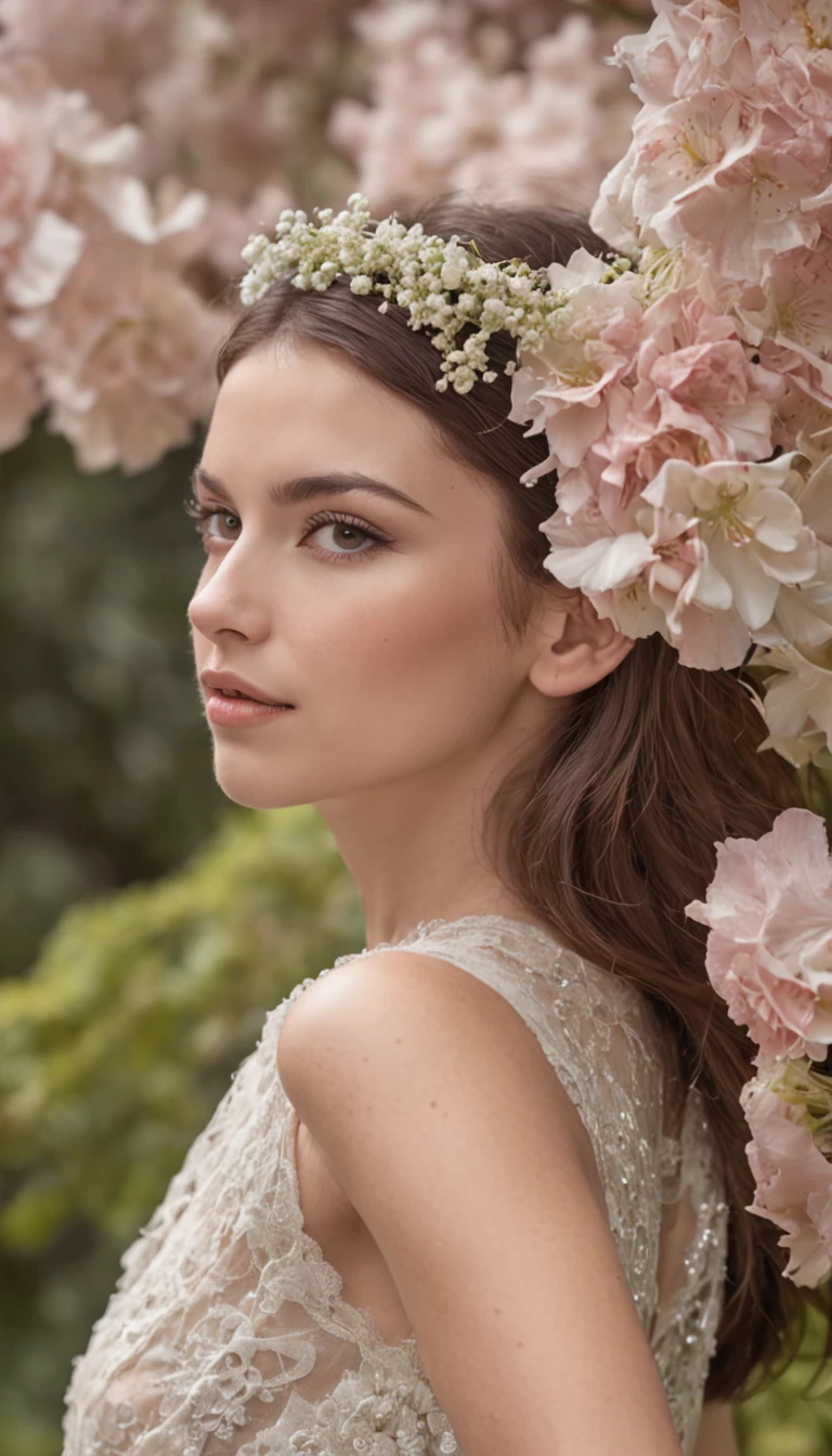 (uma mulher com beleza estonteante, Rodeado por flores de cravo vibrantes em um jardim tranquilo, seus cabelos fluindo em tons de preto, an exquisite composition that captures every detail, A mais alta qualidade, a breathtaking close-up of his flawless face)