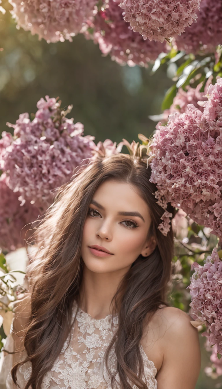 (uma mulher com beleza estonteante, Rodeado por flores de cravo vibrantes em um jardim tranquilo, seus cabelos fluindo em tons de preto, an exquisite composition that captures every detail, A mais alta qualidade, a breathtaking close-up of his flawless face)
