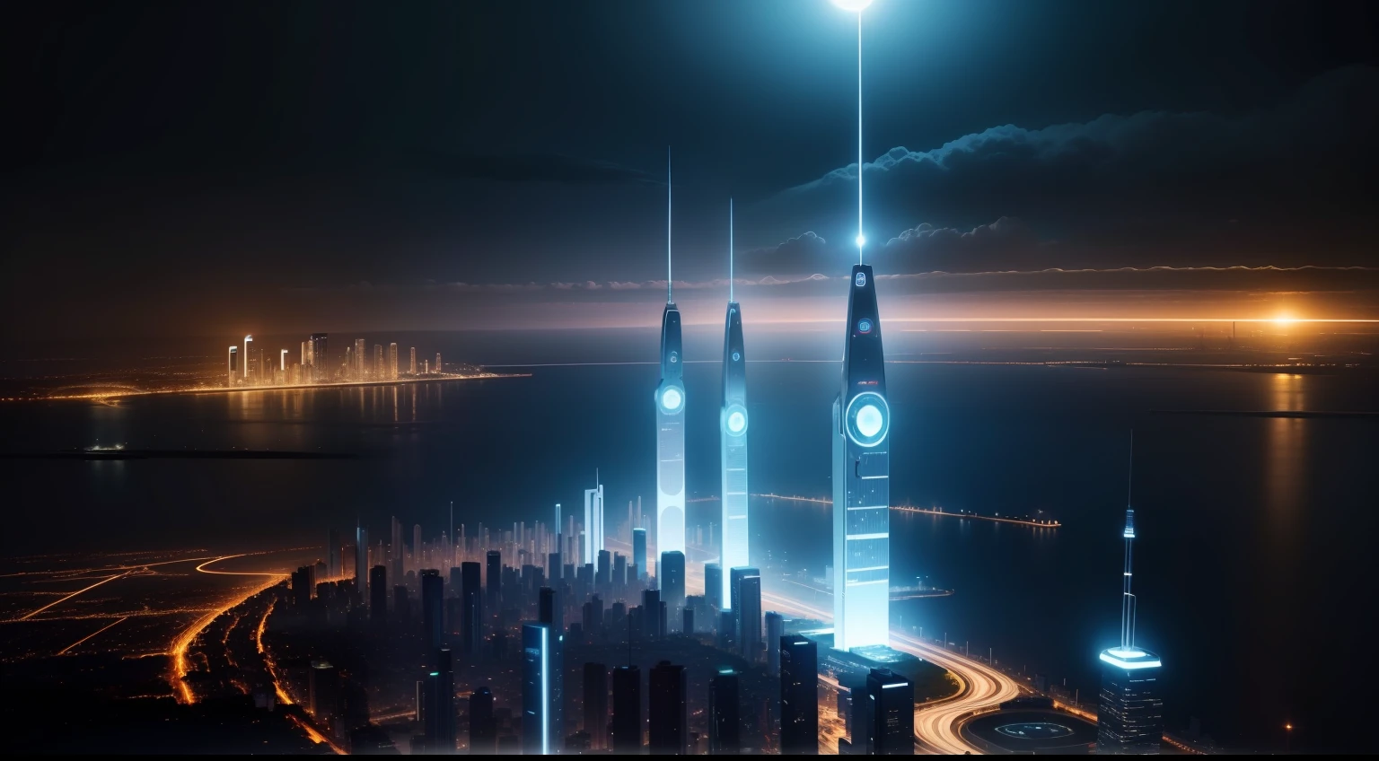 Foto de capa Facebook, futuro, noite, lua, cidade, futuristic buildings.