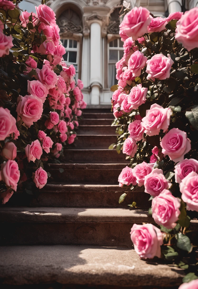 Pink roses grow on the steps of the building, red roses at the top, rosses, rosette, Beautiful and aesthetic, Rose garden, beautiful aesthetic, beutifull, Beautiful nature, big breasts beautiful, very very beautiful, stairway to heaven, Beautiful image, beautiful flowers growing, roses in cinematic light, Rose, beautiful aesthetic design, Really beautiful nature, Beautiful flowers,Purple flowers,城市