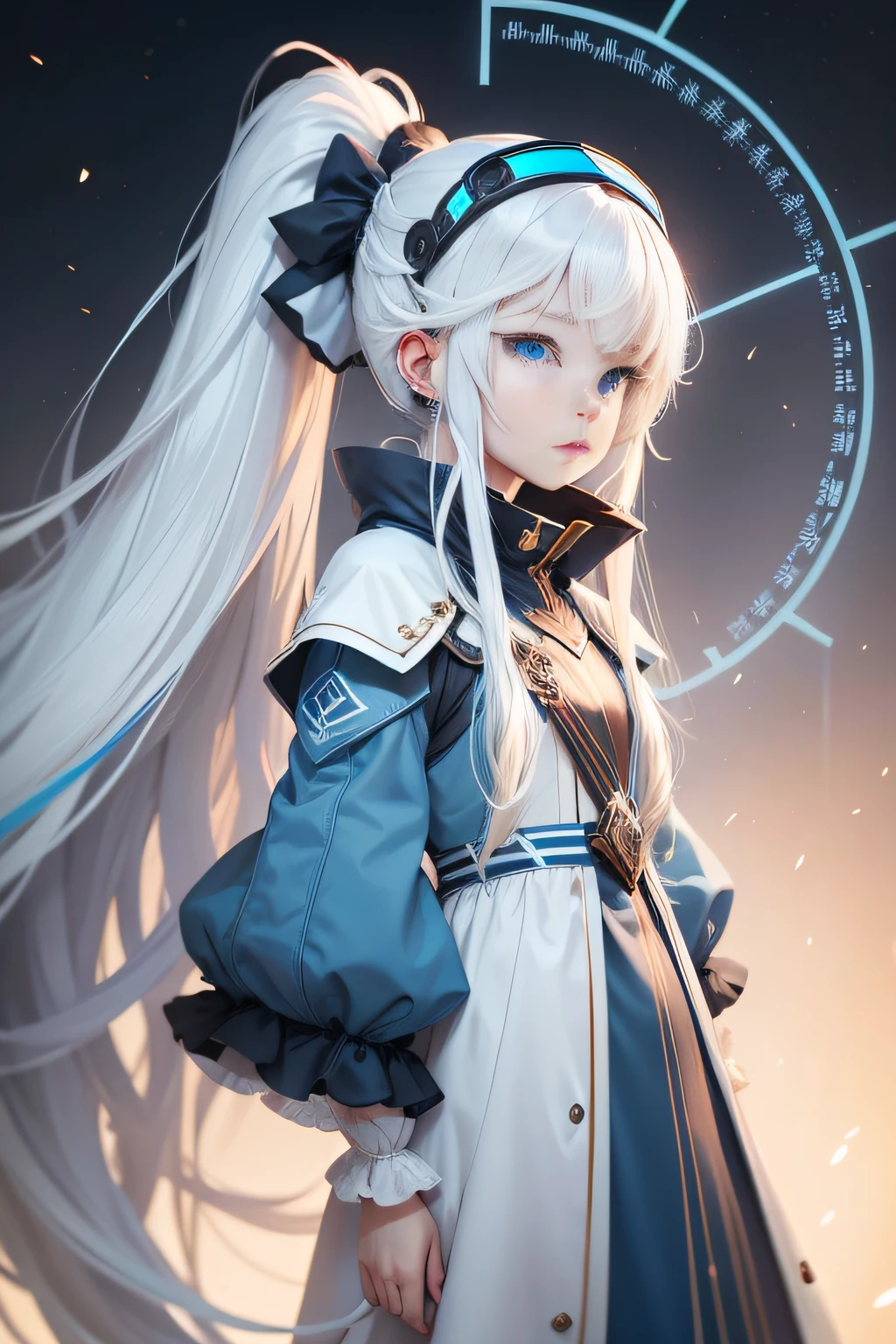 one-girl,long white hair,blue color eyes,quadratic element,High ponytail,head gear
