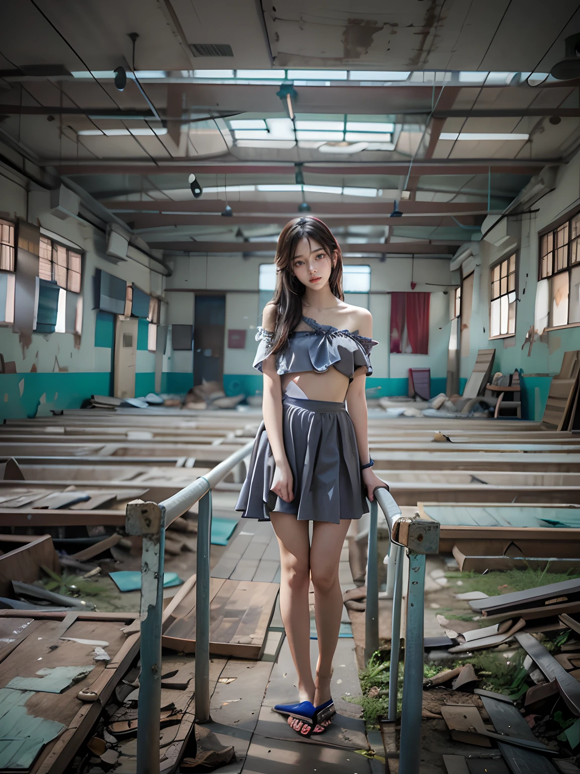 Abandoned schools，Sexy standing pose，Full body portrait 1.1，18 years old girls，lean and slender body，As thin as a whipping post，Skinny，The barefoot，Random nudity throughout the body1.1，Random exposure of genitals1.2，facing to audience