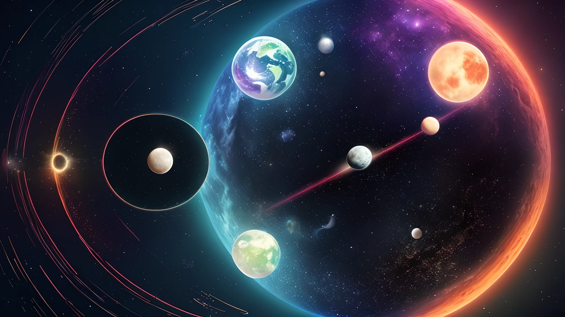 Colorful futuristic space illustration，There's a planet in the middle,com naves e discos voadores,two are two moons and a rainbow-colored sky a beautiful art illustration. Happy universe. Mystifying. Colorful.