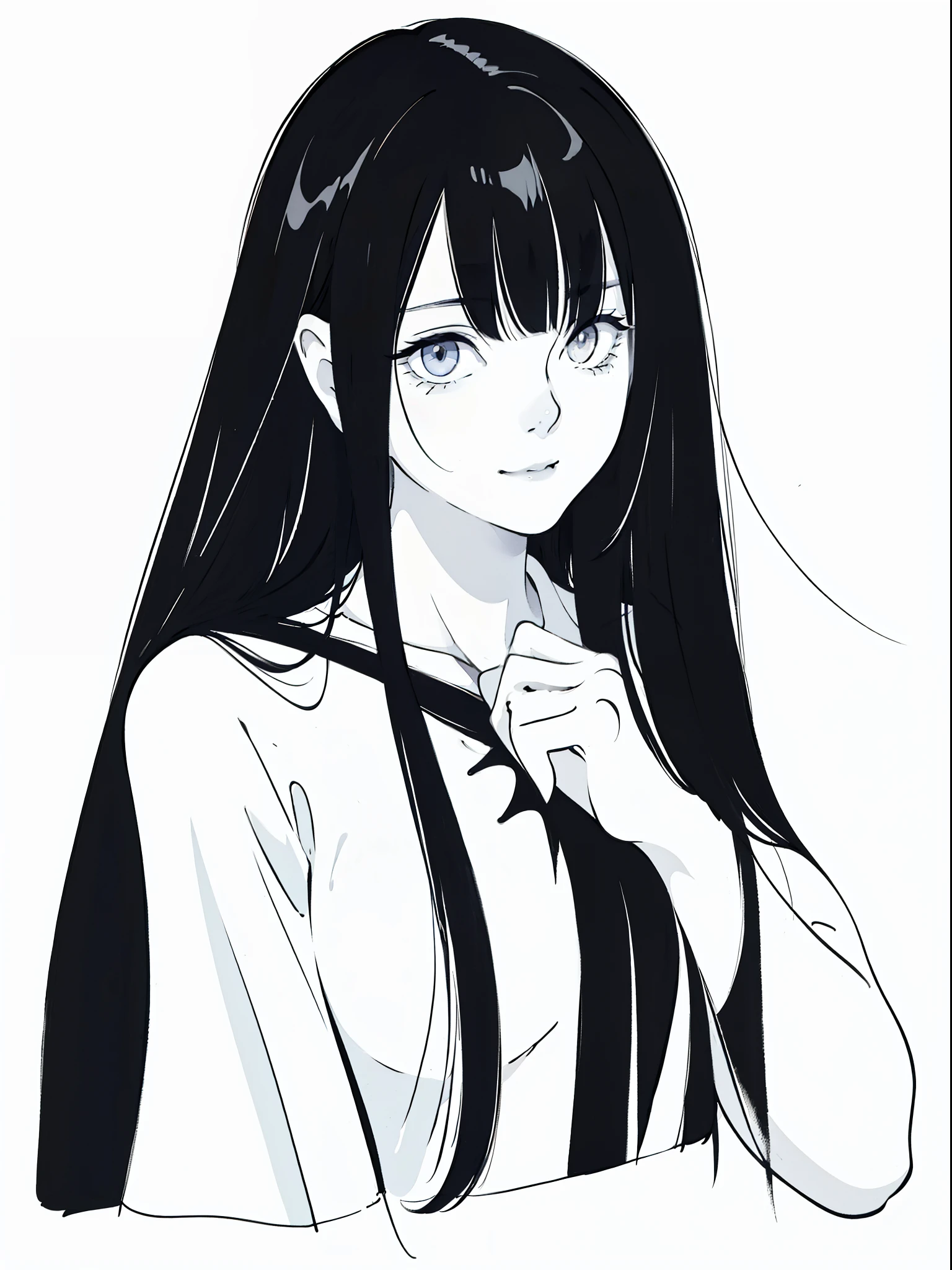 anime girl with long black hair and a white shirt,((black and white portrait)),black and white picture,Smile,minimalist painting,Simple strokes,messy  hair,Messy bangs,Shy,Pure white shirt,Heavy makeup,Headshot,Put lipstick on one's mouth,Side Body