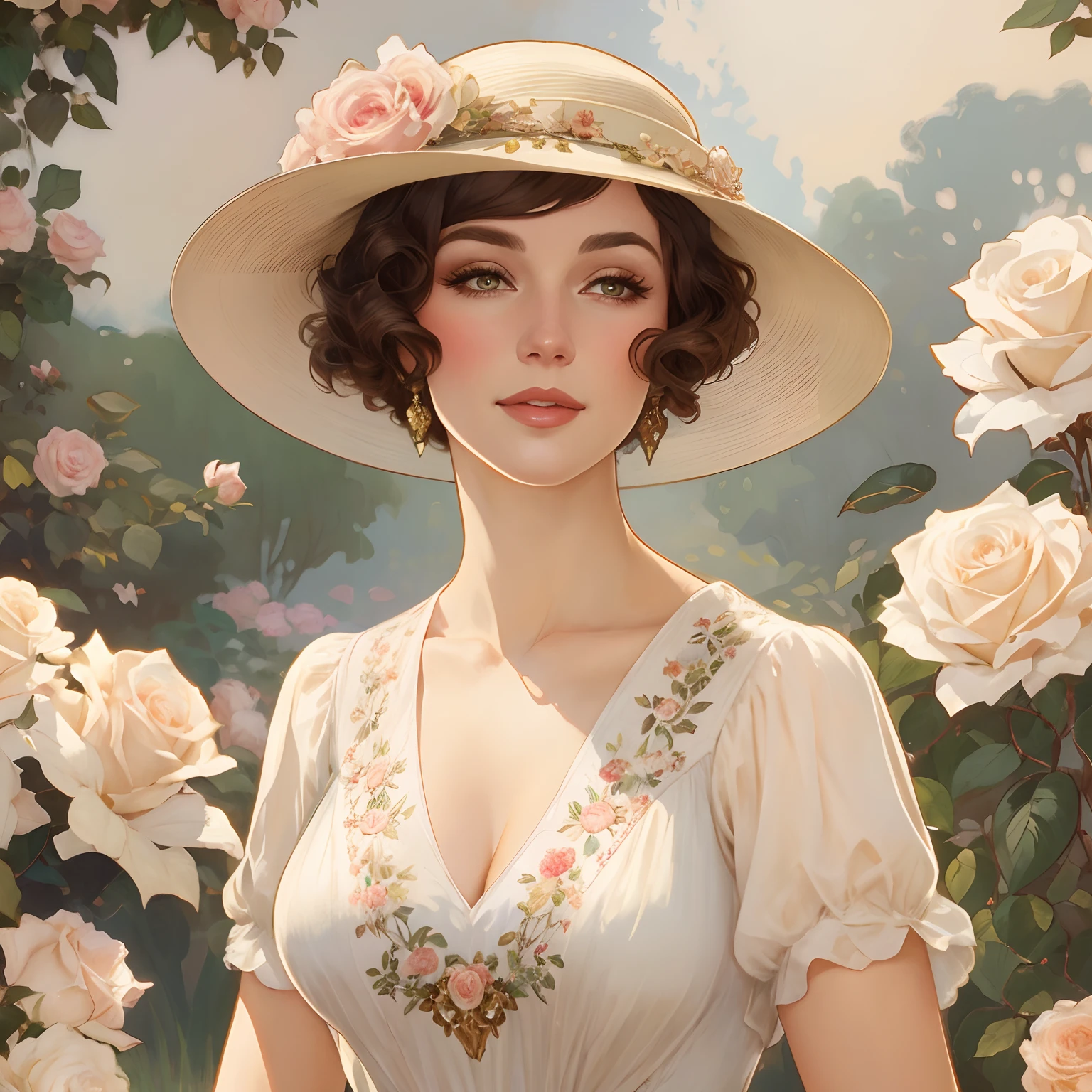 A woman in a hat and dress standing in a rose garden, inspirado em Harrison Fisher, Retrato Art Nouveau, beautiful retro art, No estilo de arte de Bowater, arte digital de um elegante, Alphonse Mucha e Rossdraw, mucha estilo 4k, Arte no estilo de Guweiz, 1920s vibes, exquisite digital illustration