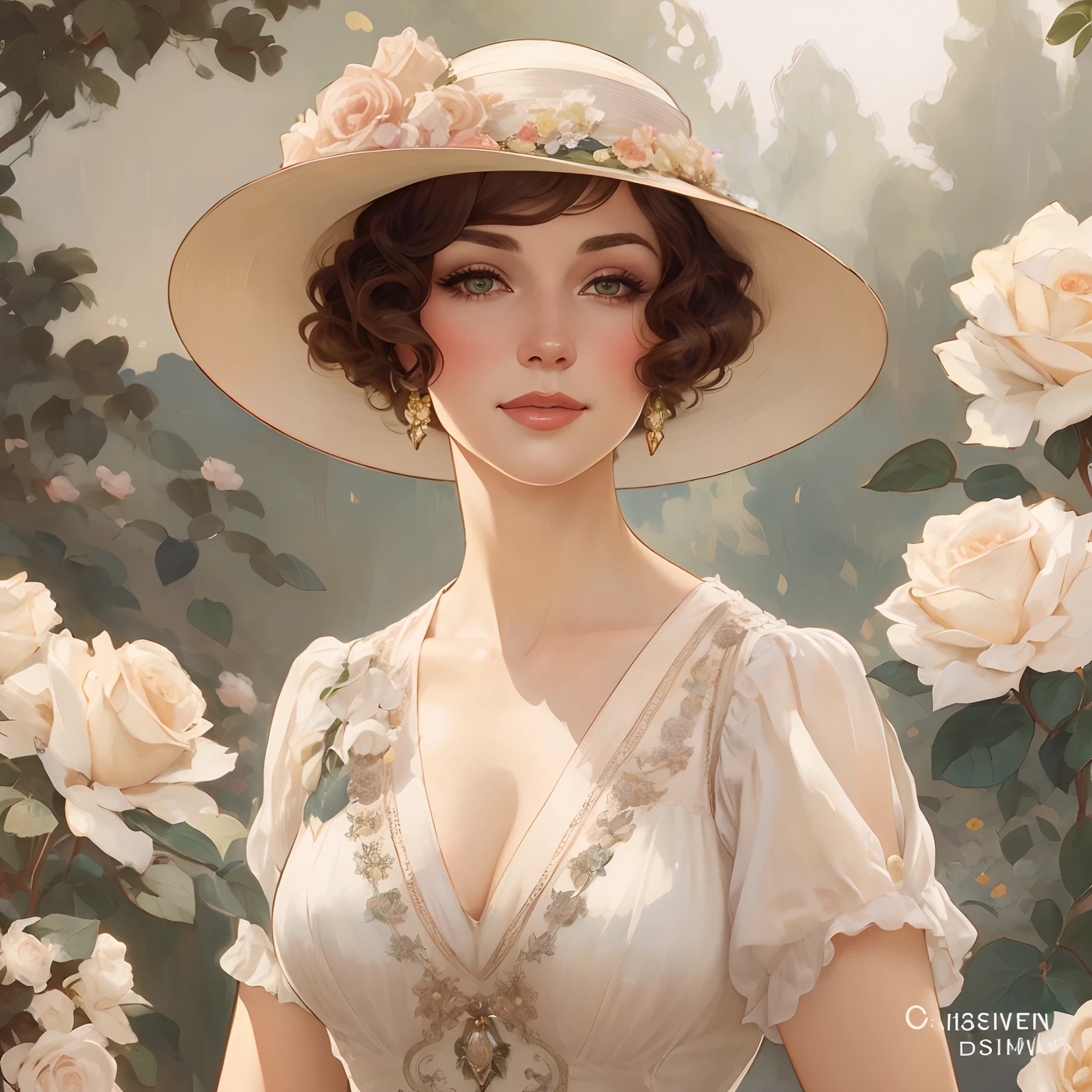 A woman in a hat and dress standing in a rose garden, inspirado em Harrison Fisher, Retrato Art Nouveau, beautiful retro art, No estilo de arte de Bowater, arte digital de um elegante, Alphonse Mucha e Rossdraw, mucha estilo 4k, Arte no estilo de Guweiz, 1920s vibes, exquisite digital illustration