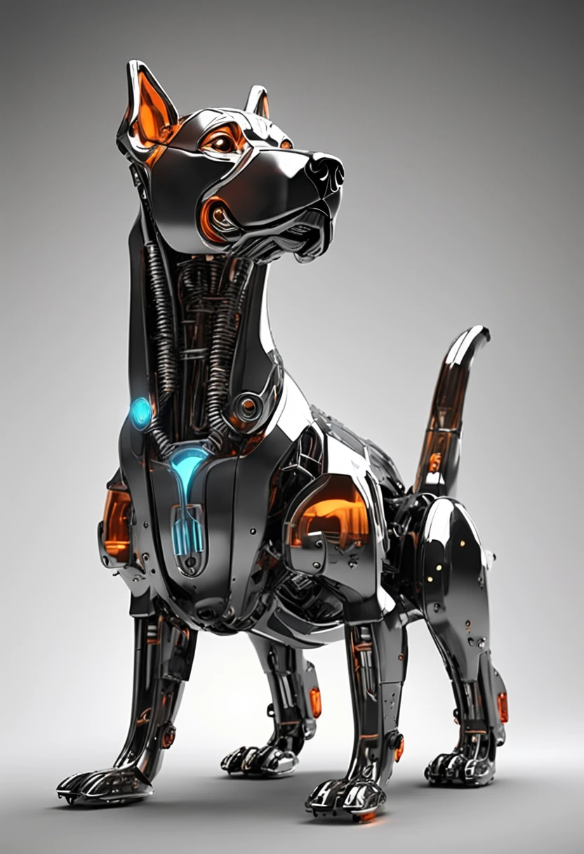 "Mechanized dogs,Mechanical dog exterior design futraistic,dark style,Pure black metal housing,Glowing mechanical eyes,Streamlined body,There is a sense of domineering,background inside dark,Light shines through the gaps,Create an image of a futuristic mechanical dog full of technology。"