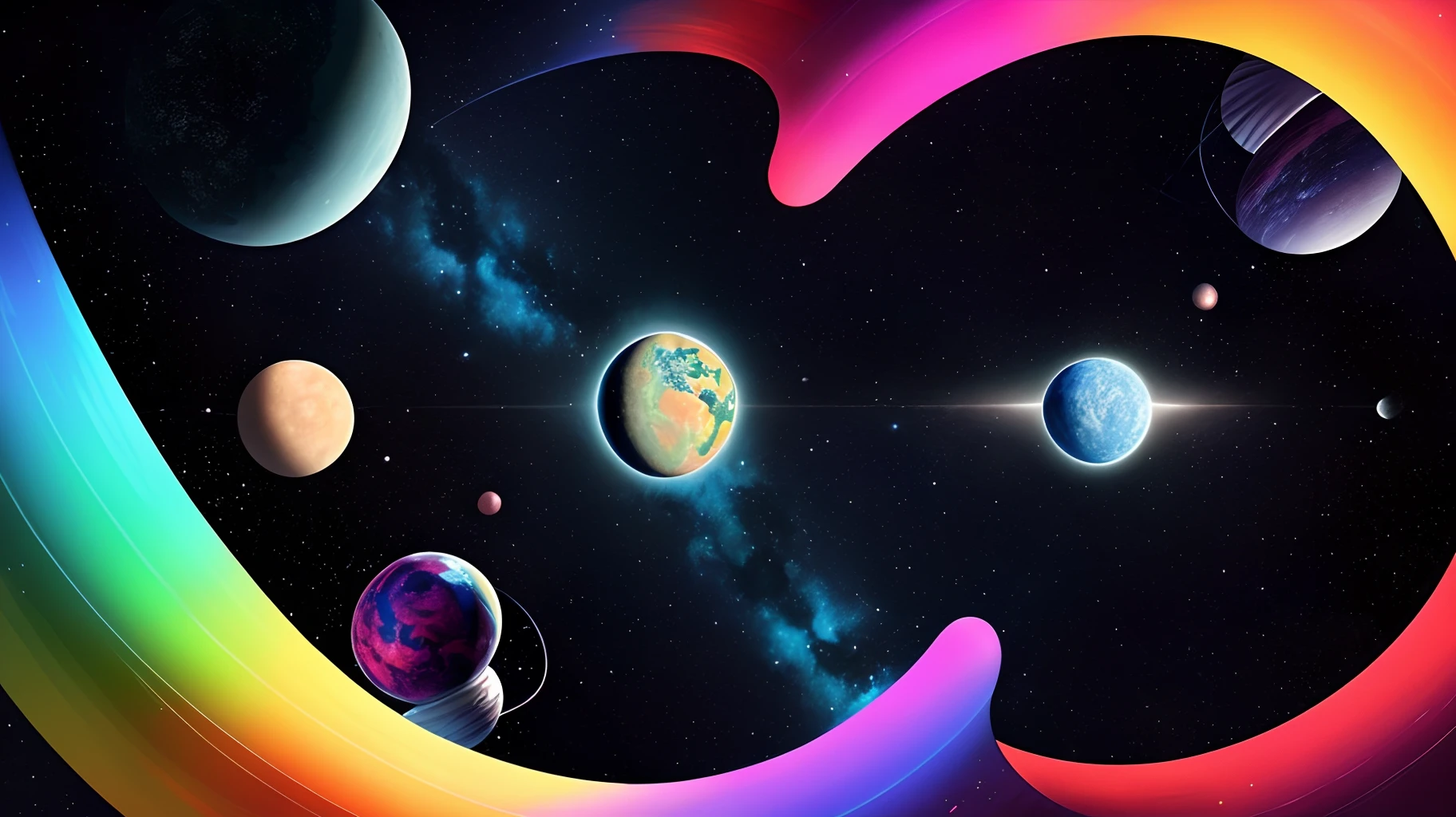 Colorful futuristic space illustration，There's a planet in the middle,com naves e discos voadores,two are two moons and a rainbow-colored sky a beautiful art illustration. Happy universe. Mystifying. Colorful.