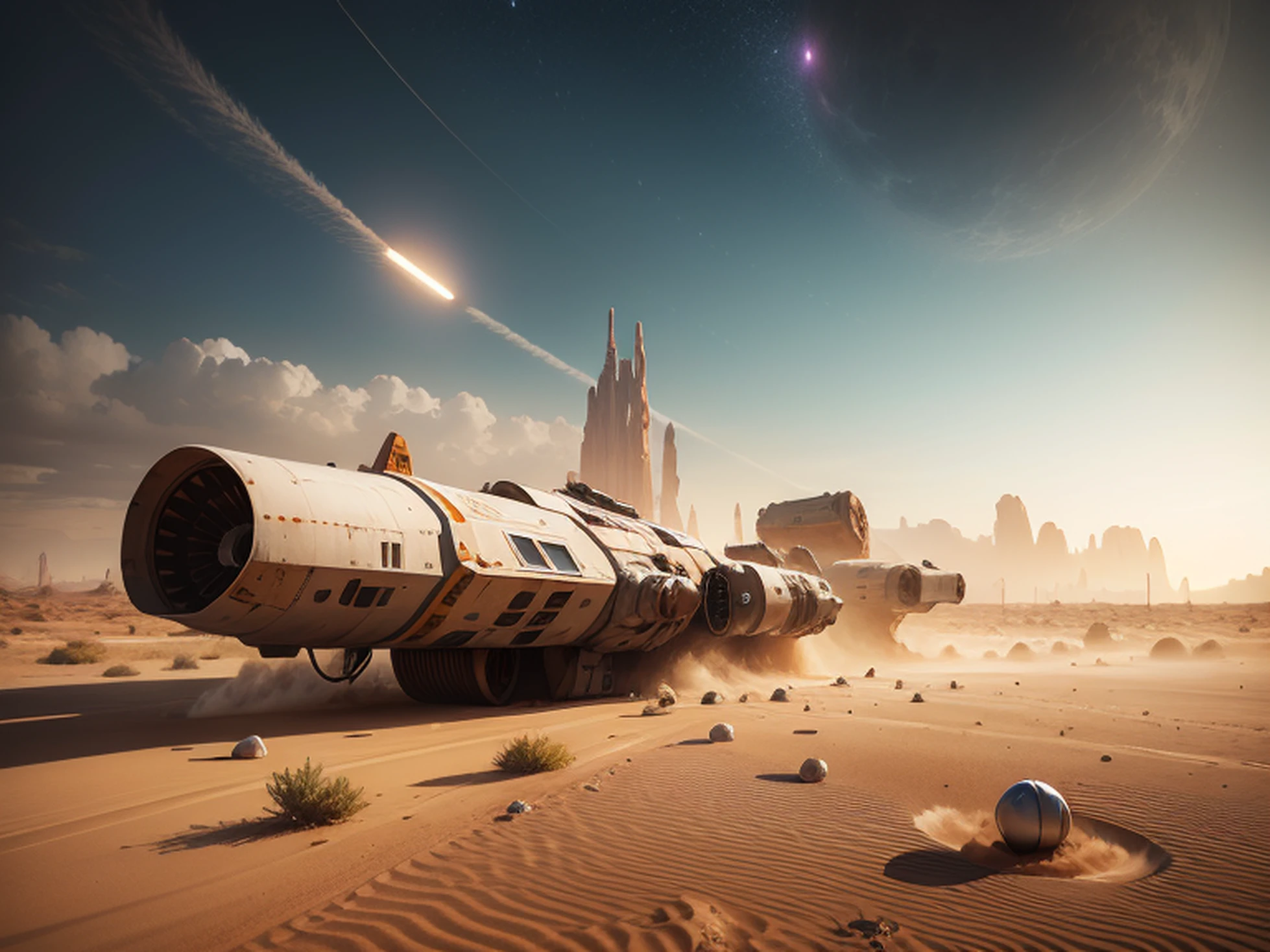 "dust storm desert, wrecked spaceship, photorealistic artwork, 8k high-detail, masterpiece, trending on Artstation Unreal Engine, with mesmerizing volumetric lighting"