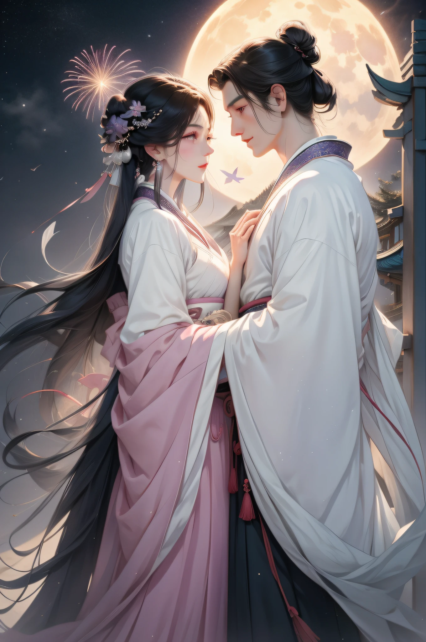 （1 man and 1 woman looking at each other on the arch bridge），Hanfu，Chinese Valentine's Day poster design pattern, Light tones, blue and violet, dreamy scenes, warm color,Huge Moon, Fireworks, Starry sky, Magpie triangle composition, rich details​, Top view, shot from afar，Chinese traditional painting，Jade，lanscape，auspicious，Light background,Best quality, Pastel,Soft light,4K,