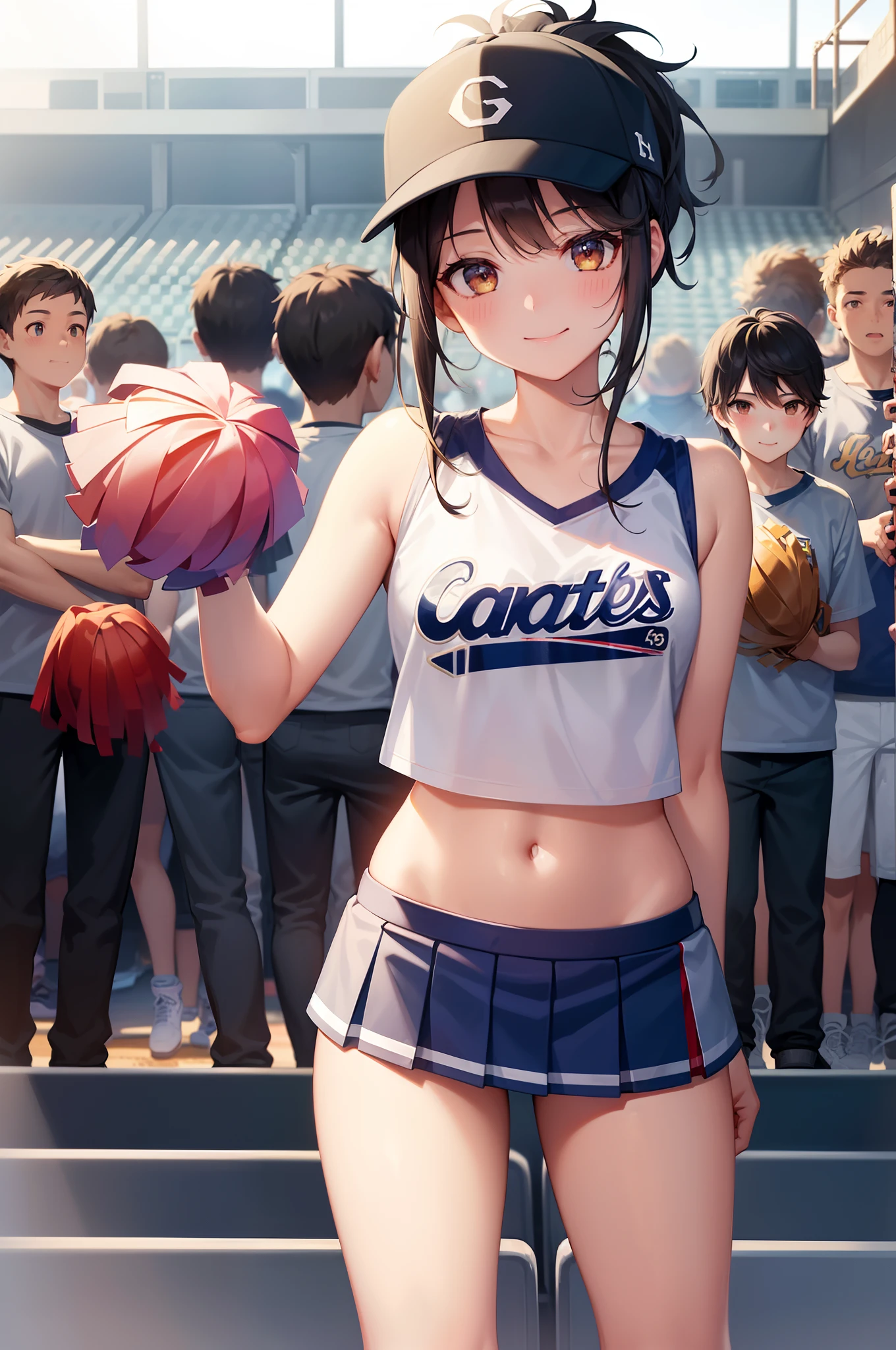 1girl in,cheer girl,Background,(4+Boys:1.5),masuter piece,Best Quality,High resolution,Ulta High Definition,of the highest quality,Very detailed,Professional Lighting,of the highest quality,spectator seats,Packed auditorium,Forehead,(((Bright and bright smile))),Ponytail,By the stairs,(((Pom-poms used for cheerleading),(Baseball Stadium))),at noon,Cap,(Forehead),photographer,(((Watching Baseball)))