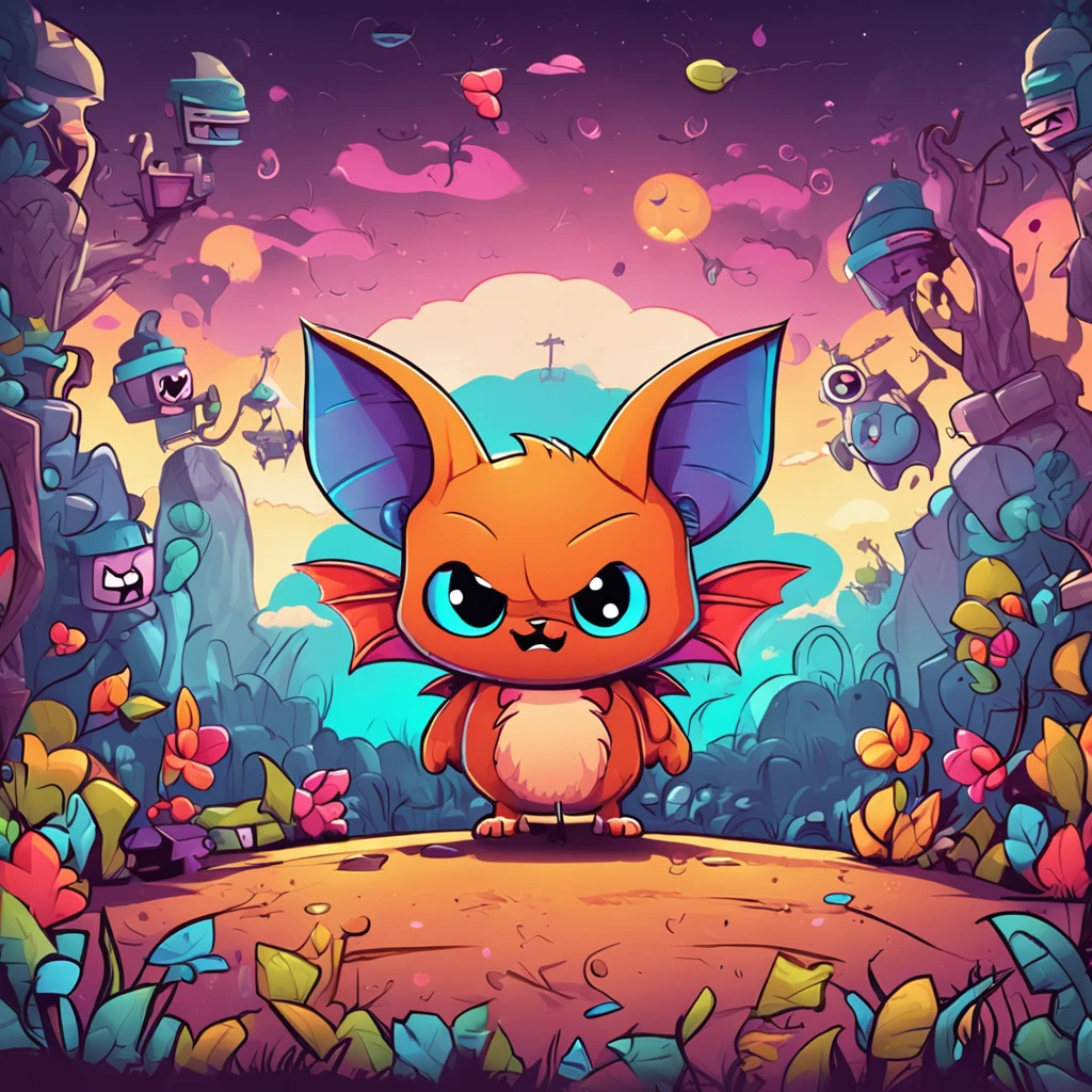 Two-dimensional cartoon game cute bat, colorido, estilo cartoon, Vibrant and dynamic backgrounds, personaje principal amigable y adorable, with expressive facial expression and attractive details.