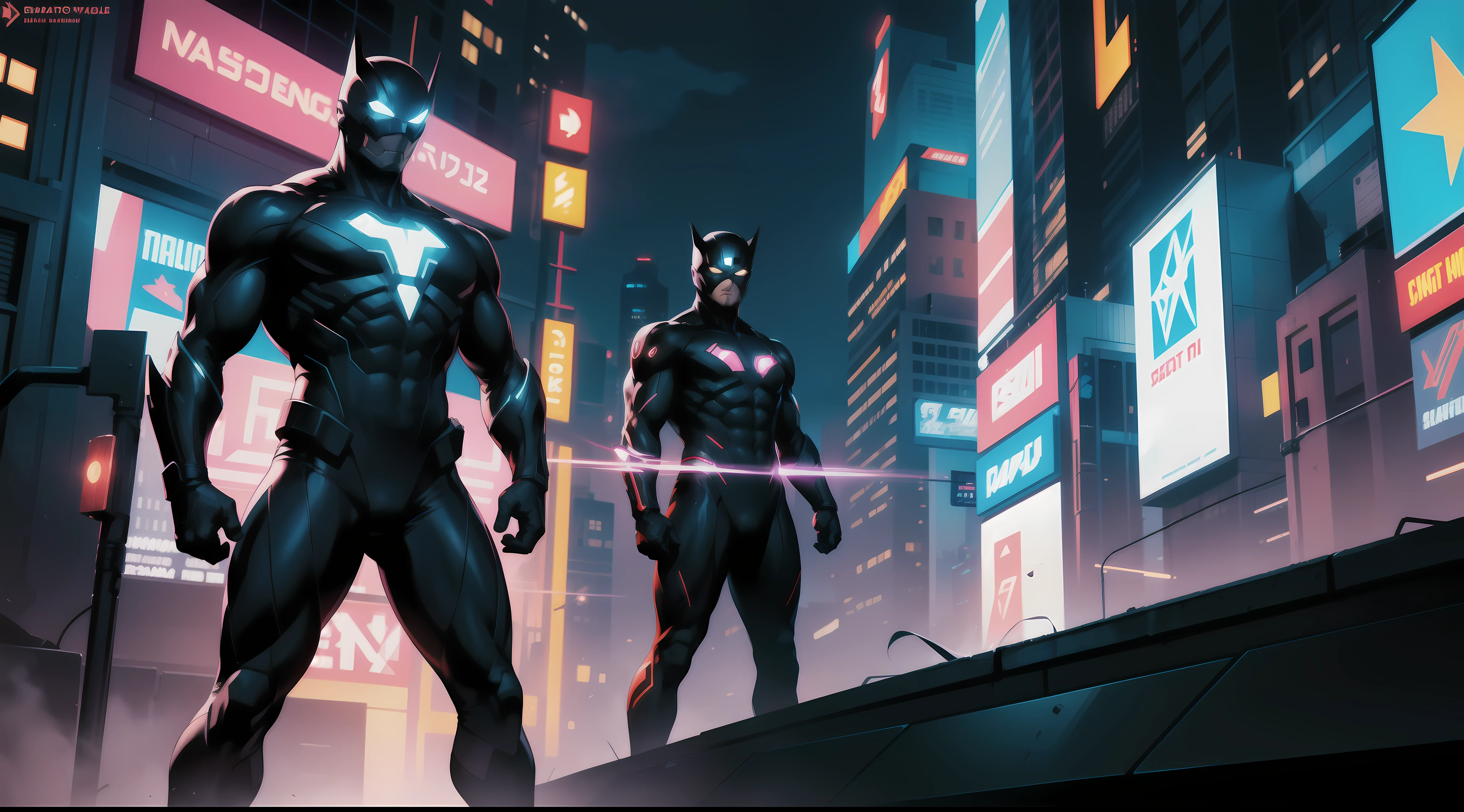 A superhero wearing a sleek black suit adorned with vibrant neon blue lines that glow intensely when their powers are activated. The suit is equipped with cutting-edge technology to enhance their abilities and shield them from harmful light exposure. The superhero stands on a futuristic rooftop overlooking a sprawling metropolis, the neon lights of the city reflecting off their suit, a sense of power and determination radiating from their stance, Illustration, digital art, --ar 16:9 --v 5