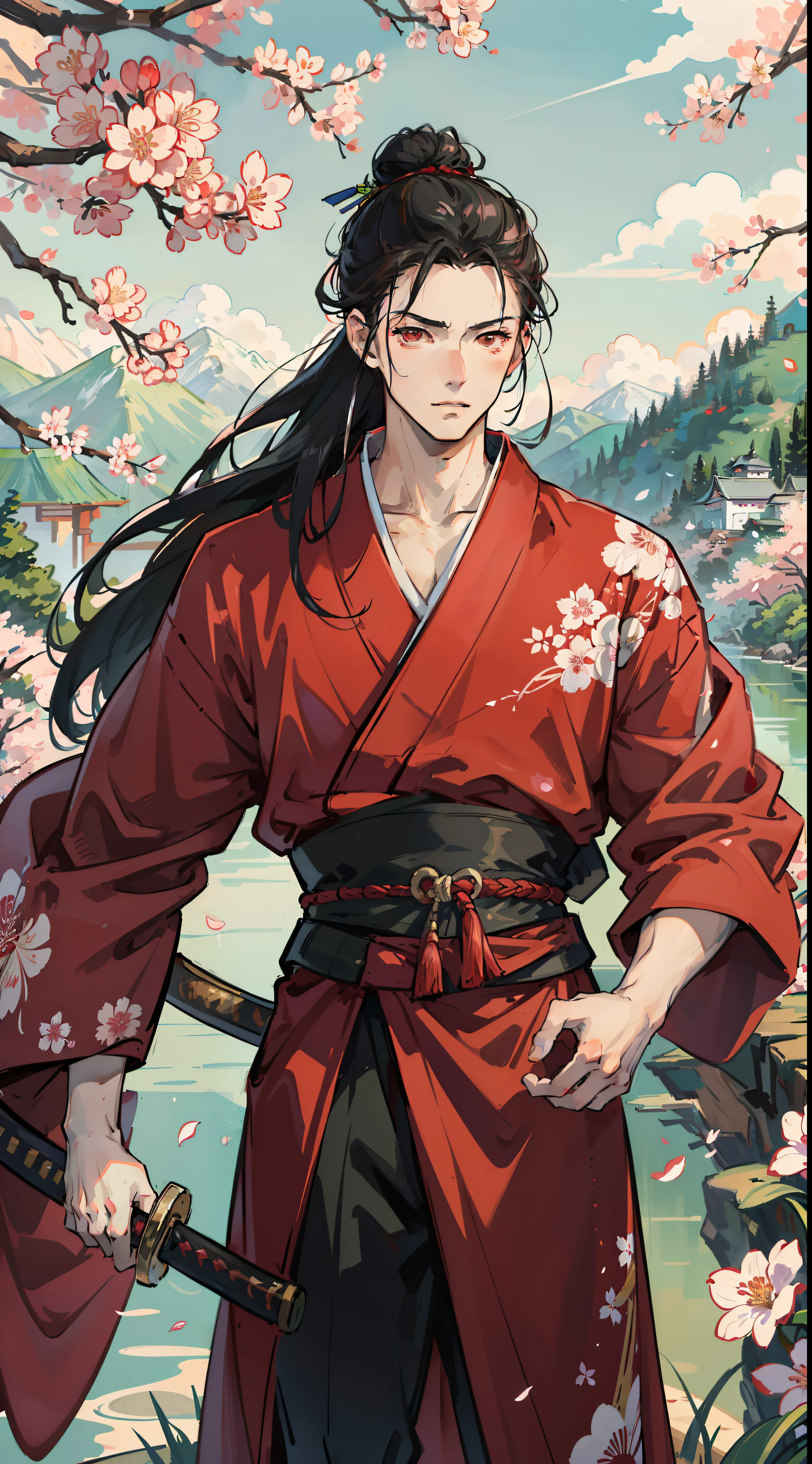 Masterpiece, best quality, 4K wallpaper, 2D illustration, HDR, 1 man, male models, male focus, tall muscular guy, long black hair, one bun hair, red eyes, wearing kimono (no belt), 1 hand's holding a katana sword, look down, looking at the viewer, mountainous landscape, blooming flower, cherry blossom, flying petals and leaves