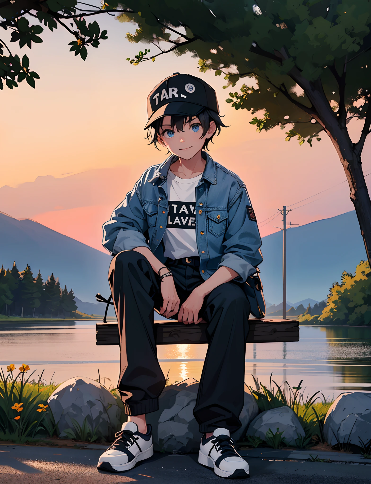A happy ，Black color hair，Wear a denim jacket，With a baseball cap，Wear sneakers，blue color eyes，Sitting on a stone on a country road，There are flowers and plants on the side of the road，Sunset and sunset，staring right into camera，Full body photo，Ultra-high definition