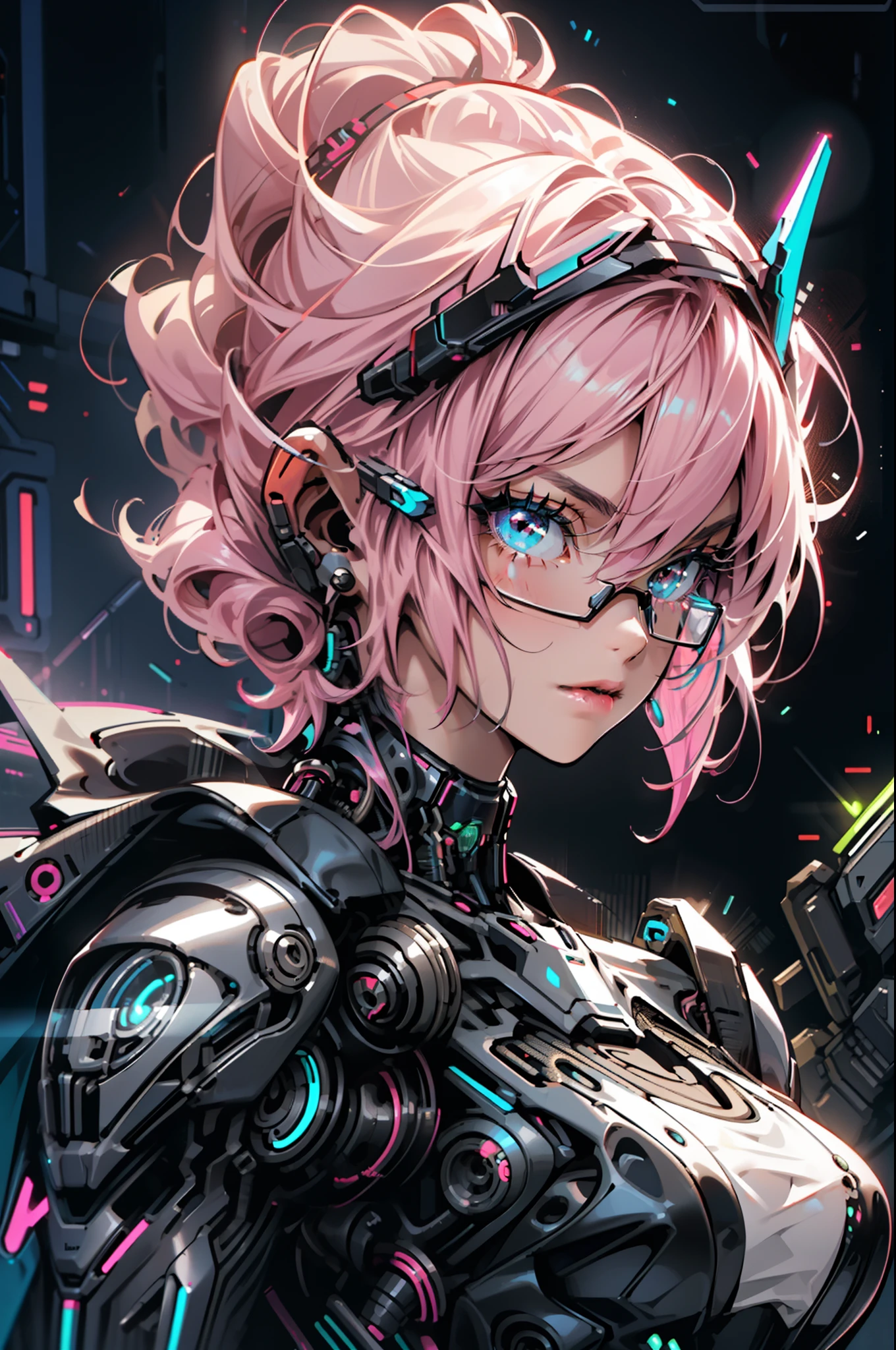 1girl, close-up, intricate details, (cyberpunk:1.4), mechanical arms, glasses, messy hair, (shiny neon armor:1.2), machines, black background, big breasts, pink hair, curvy girl but fit, a gun in her hand, bots, drones, cars