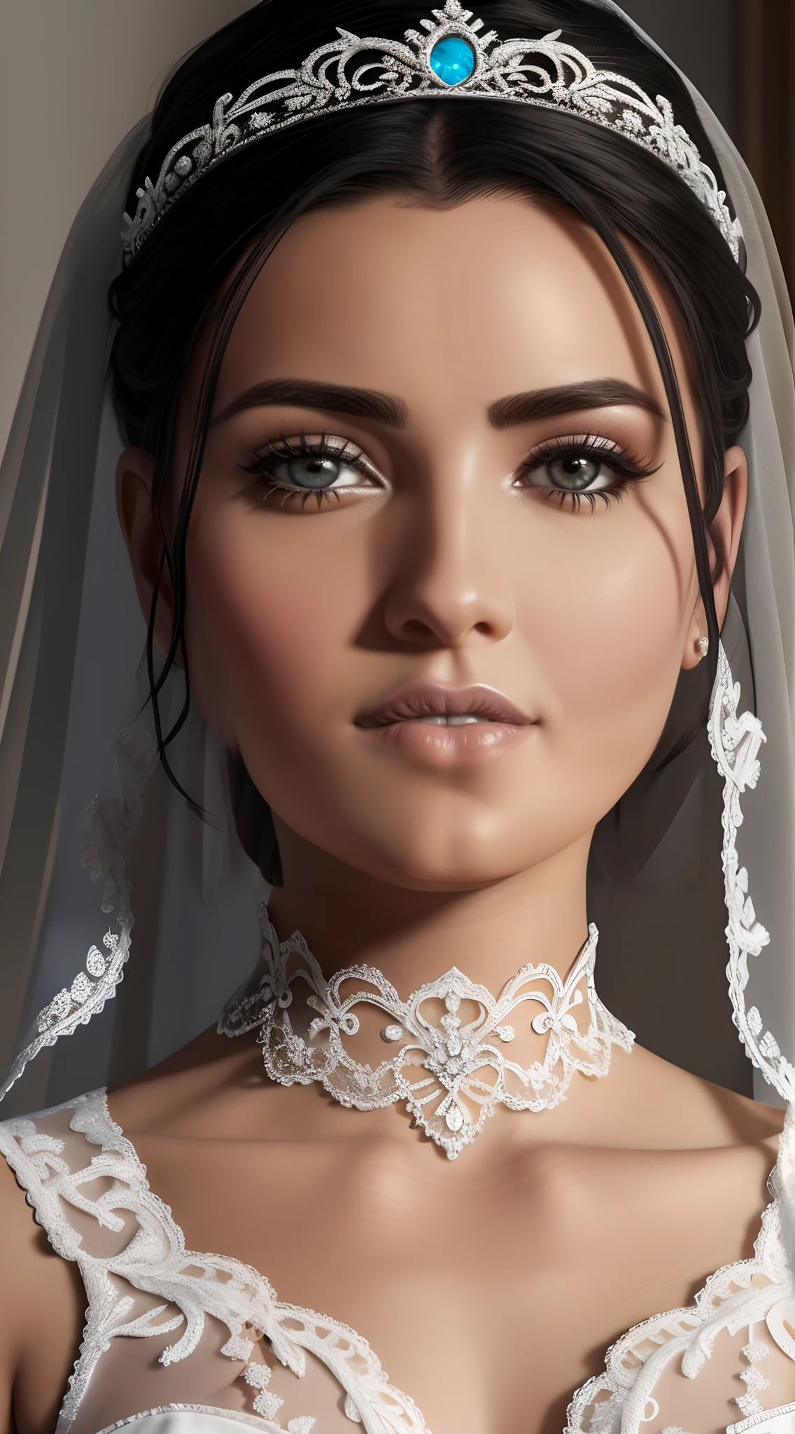 (extremamente detalhado CG unidade 8k papel de parede), A beautiful bride with black hair tied in a bun in tiara and veil, Close-up, vestida de noiva, White dress with lace collar on neck, Estilo-Vidro, soft-lighting, retroiluminado, volumeric lighting, rosto detalhado, altamente detalhado, olhando para mim, fundo escuro, Serious, Ultra realista.