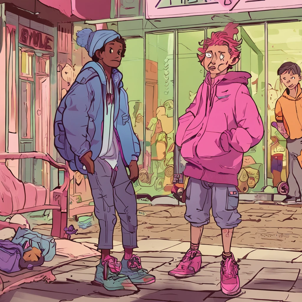 Bobo has shaggy hair and an expression of perpetual surprise. He wears colorful clothes, baggy clothes，Usually stained or torn due to his frequent mischief. And always carry a hanging pink bear with you，Looks sturdy himself