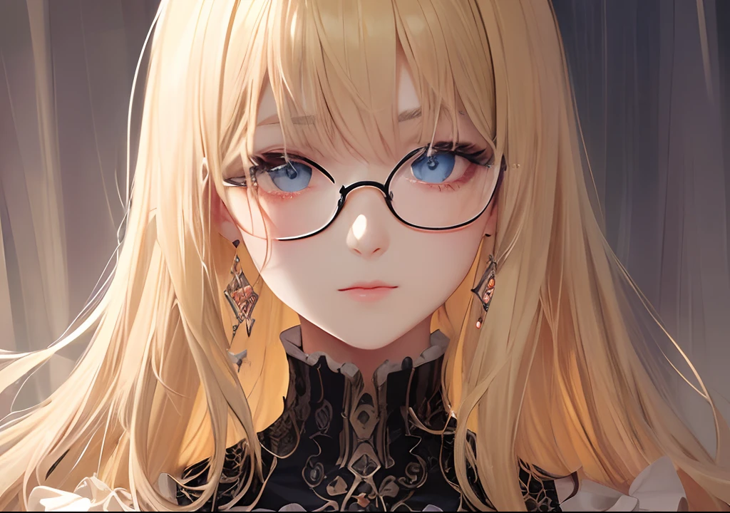 (masterpiece),((top-quality)),(offcial art),(Beautiful and indulgent:1.2),(1girl in:1.3),((wears glasses)),Facial expressions that close the eyes,Small breasts,((Blonde beauty)),breasts are small、BREAK,Beautiful woman in gothic dress,bob cuts,Detailed drawing。Vibrant colors。colourfull、viewersviewing,highestdetailed ((ultra-detailliert)),(Highly detailed 2D illustrations),((Extremely delicate and beautiful))Super Detail