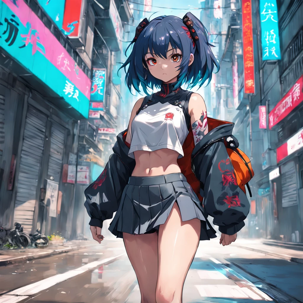 Anime girl walking down the street with tattoos and skirts, anime style character, cyberpunk anime girl, urban girl fanart, female cyberpunk anime girl, anime figure, Digital cyberpunk anime art, female anime character, style of anime, forest city streets behind her, Anime style. 8K, Guviz-style artwork, anime styled digital art, anime realism style