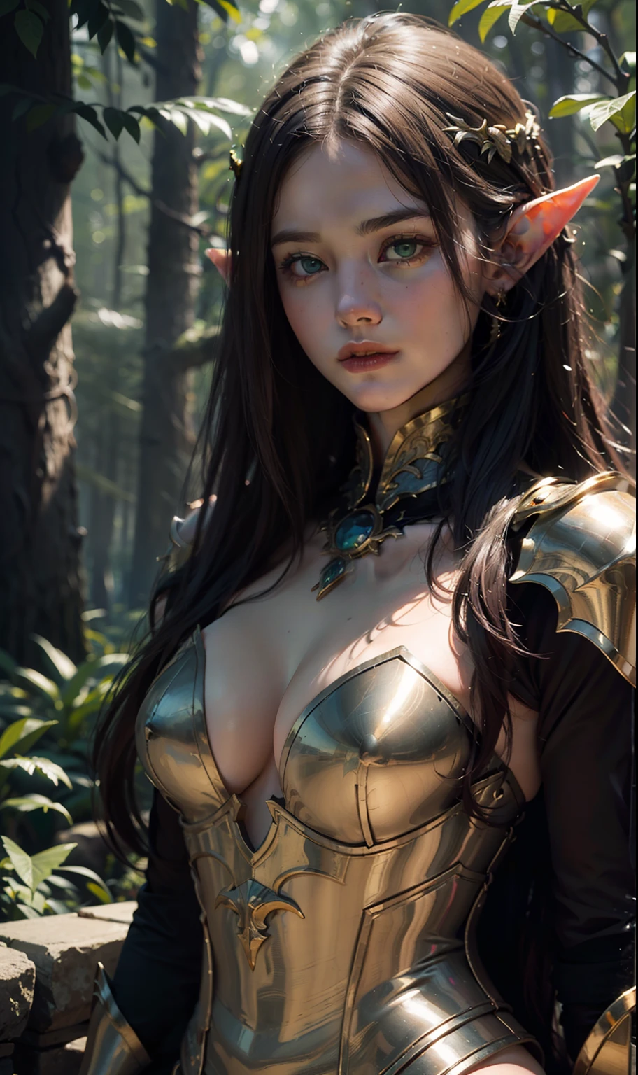 Beautiful painting of perfect female elf warrior,Glowing green eyes，Side Body，Bigchest，Perfect face， Long hair that is not shaped, Perfect features, (Wearing gorgeous elven armor in black and gold), Abstract beauty, near-perfect, Pure form, Dynamic pose, at a forest，(Deep dark shadows), (Powerful cinematic lighting), greg rutkovsky、Conceptual art by John William Waterhouse and Alphonse Mucha, intricately details, 8K post-production, high resolution, Super detail, trending on artstationh, Sharp focus, Depth of field f/1.8, Studio photos, (((looking at the camera in))).，