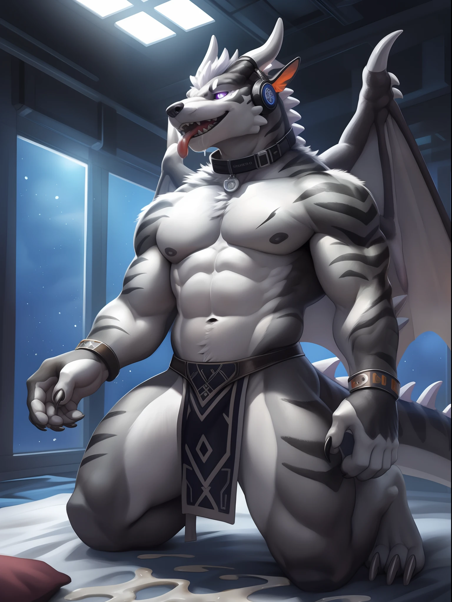 Solo, Male, (Muscular), sacrifices, (male anthro wolf):1.3, White flesh,nakeness,divinity,Wear white ear headphones,Black loincloth, (Kamimei):1.3, (komono:1.4) (DOA):1.23, Detailed eyes, lizard tail,A pair of dragon horns, A pair of dragon wings,((Full body like)), (Detailed eyes, Purple eye, White rind,Gray stripes,Sharp claws,Cute beast claws,glowing light eyes):1.1, (exteriors:1.35), inside in room,Futuristic style bedroom,Bright white light,on top of the bed,Kneel,Collar,submit to,Be red in the face,Open-mouthed,A lot of drooling,Stick out her tongue,Fluid spills from the lower body,Milk spilled all over the floor,clever,ssmile,Handsome(Particle,blue glowing):1.3,detailedbackground,realisticlying,realistic hand,8k hdr,(,Wide dynamic range,hdr,low-light:1.2),author(pino daeni,(author:by ruaidri),author:virtyalfobo)
