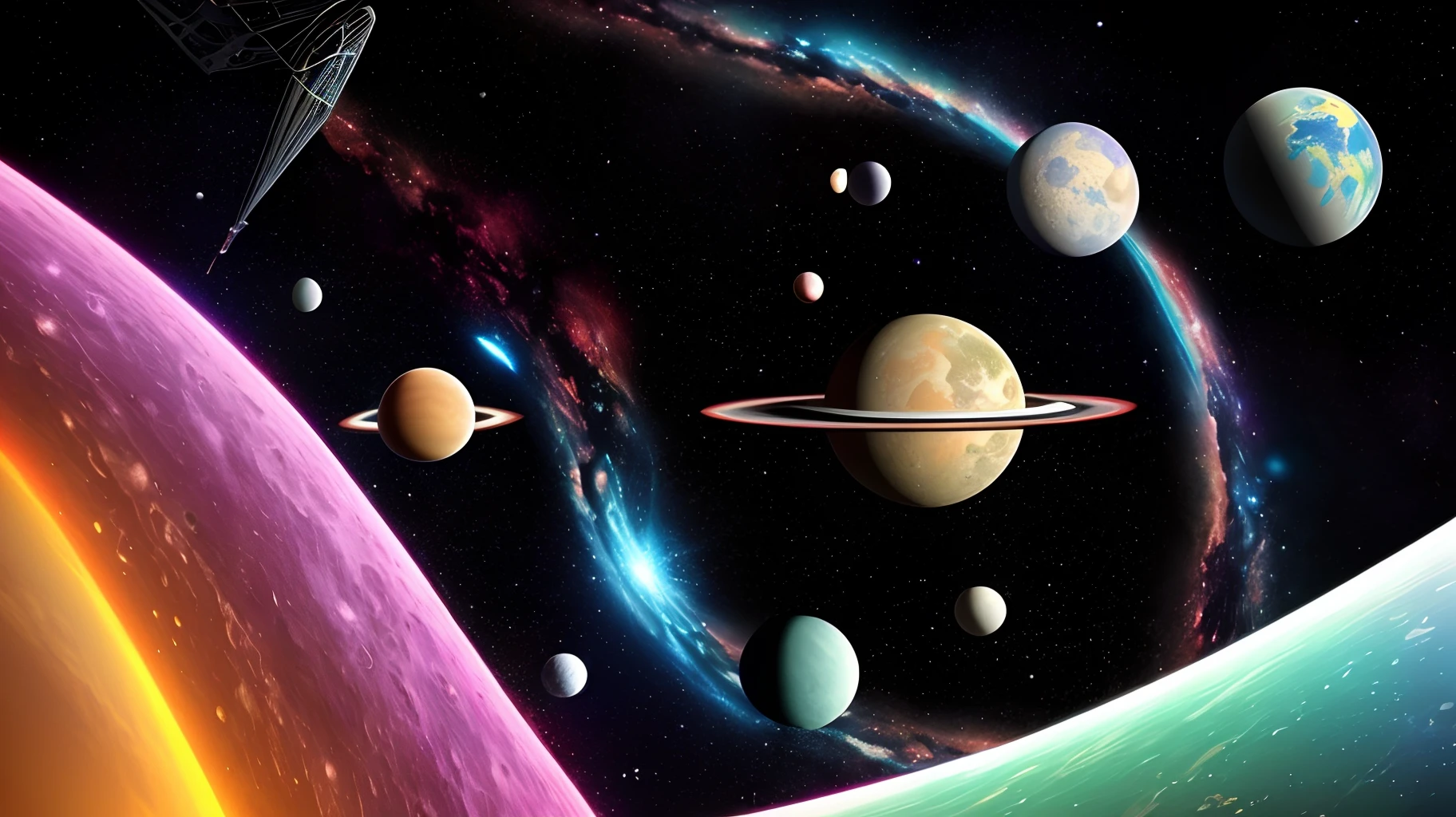 Colorful futuristic space illustration，There's a planet in the middle,com naves e discos voadores,two are two moons and a rainbow-colored sky a beautiful art illustration. Happy universe. Mystifying. Colorful.