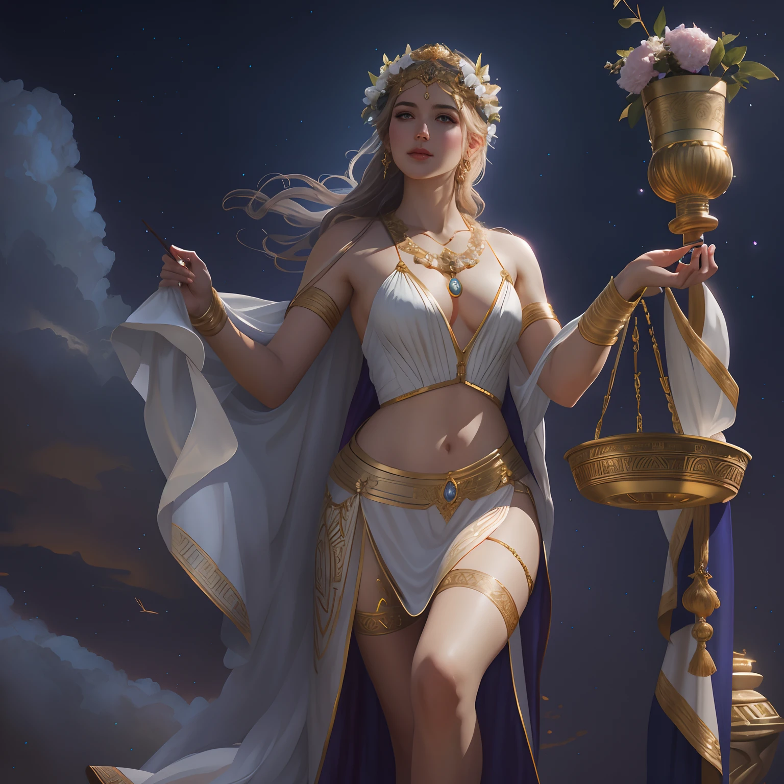 Goddess in Greek costume, just,righteous,Extremely high detail, a stunning portrait of a goddess, Greek goddess, gorgeous goddess of leo, goddess of greek mythology, art by Wlop and Greg Rutkowski, artgerm julie bell beeple, WLOP Art, greek myth digital painting, Beautiful goddess, Greek goddess Themis